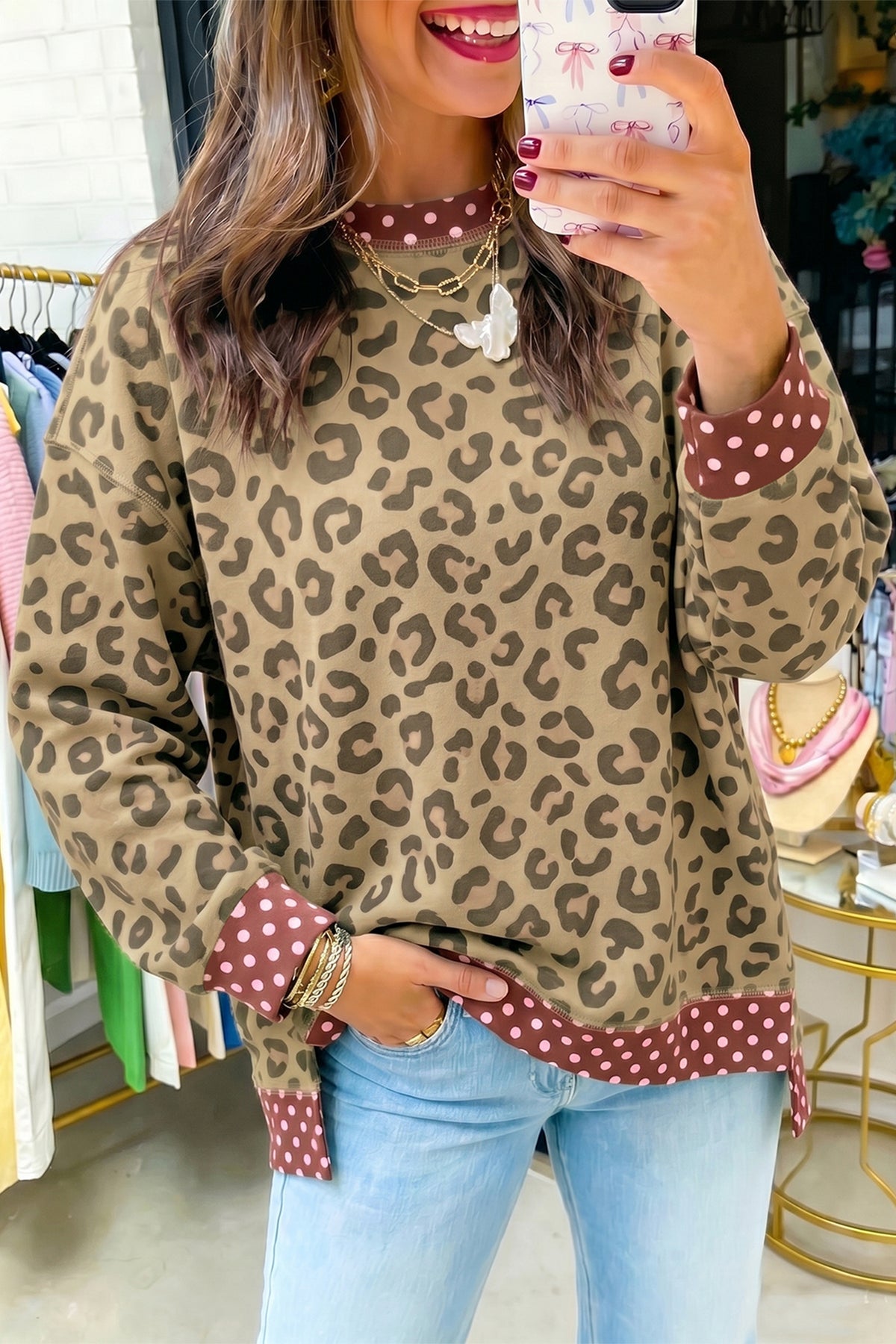 Leopard Print Contrast Trim Long Sleeve Top