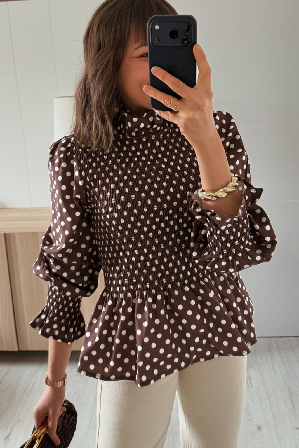 Polka Dot Ruffled High Neck Blouse