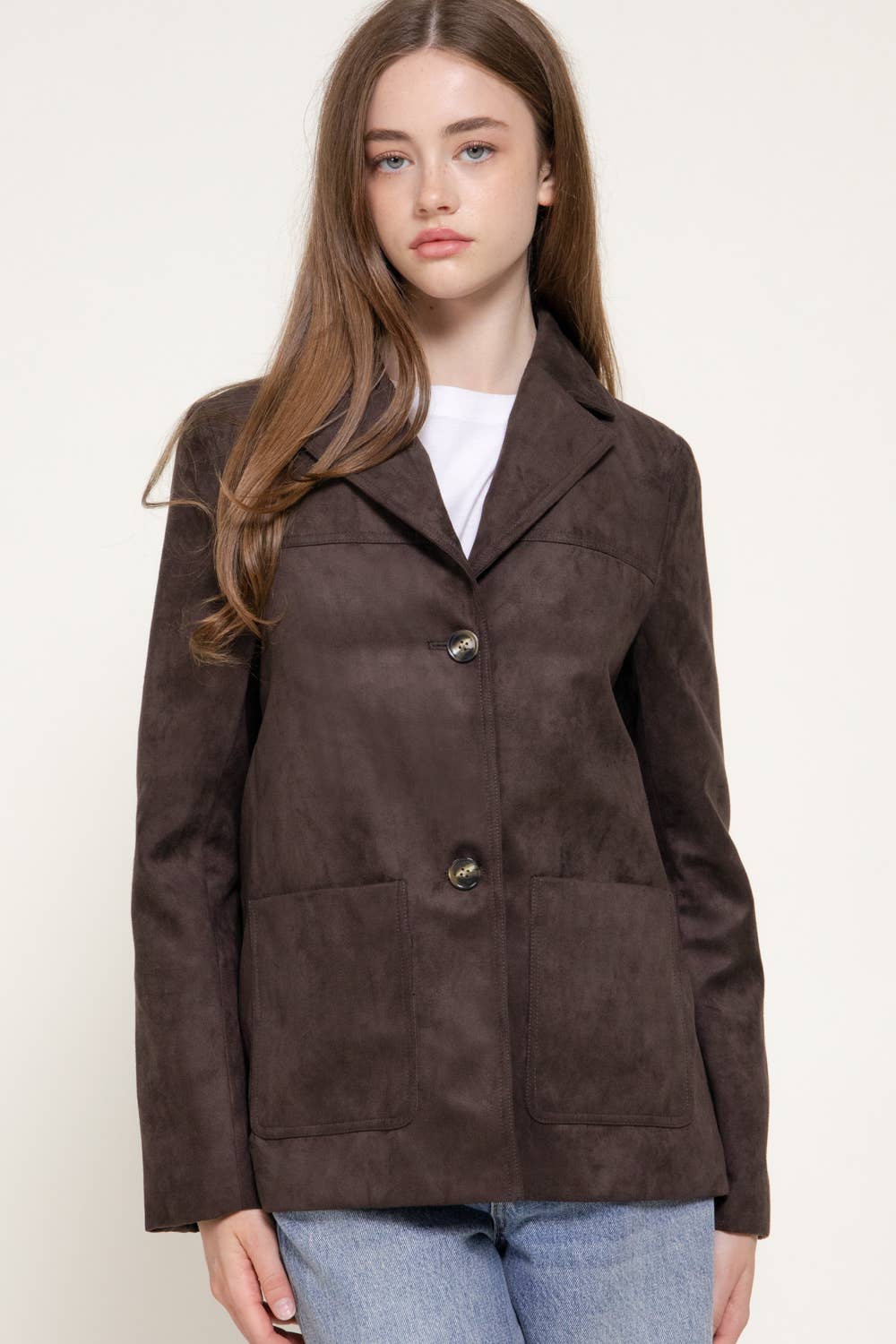 Long Sleeve Notched Collar Suede Jacket