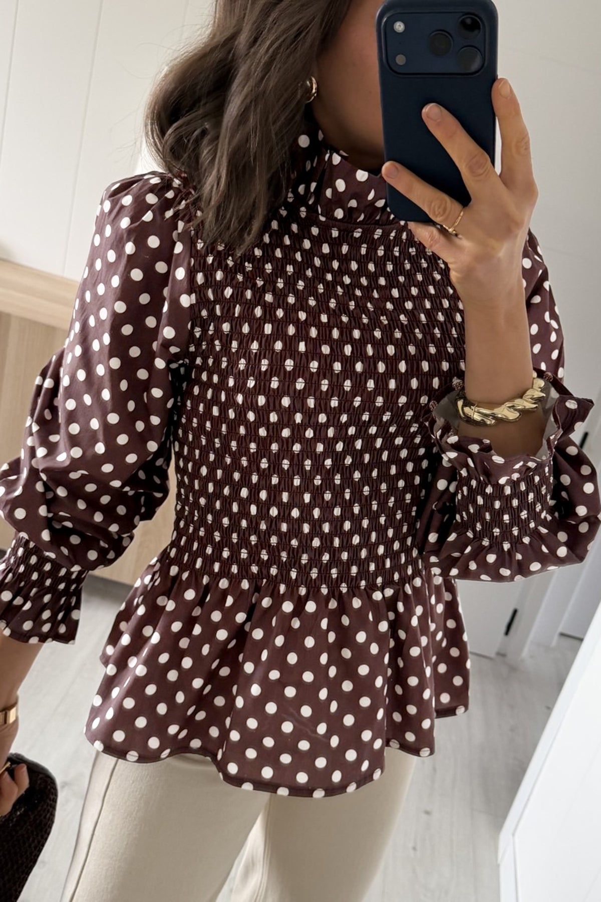 Polka Dot Ruffled High Neck Blouse
