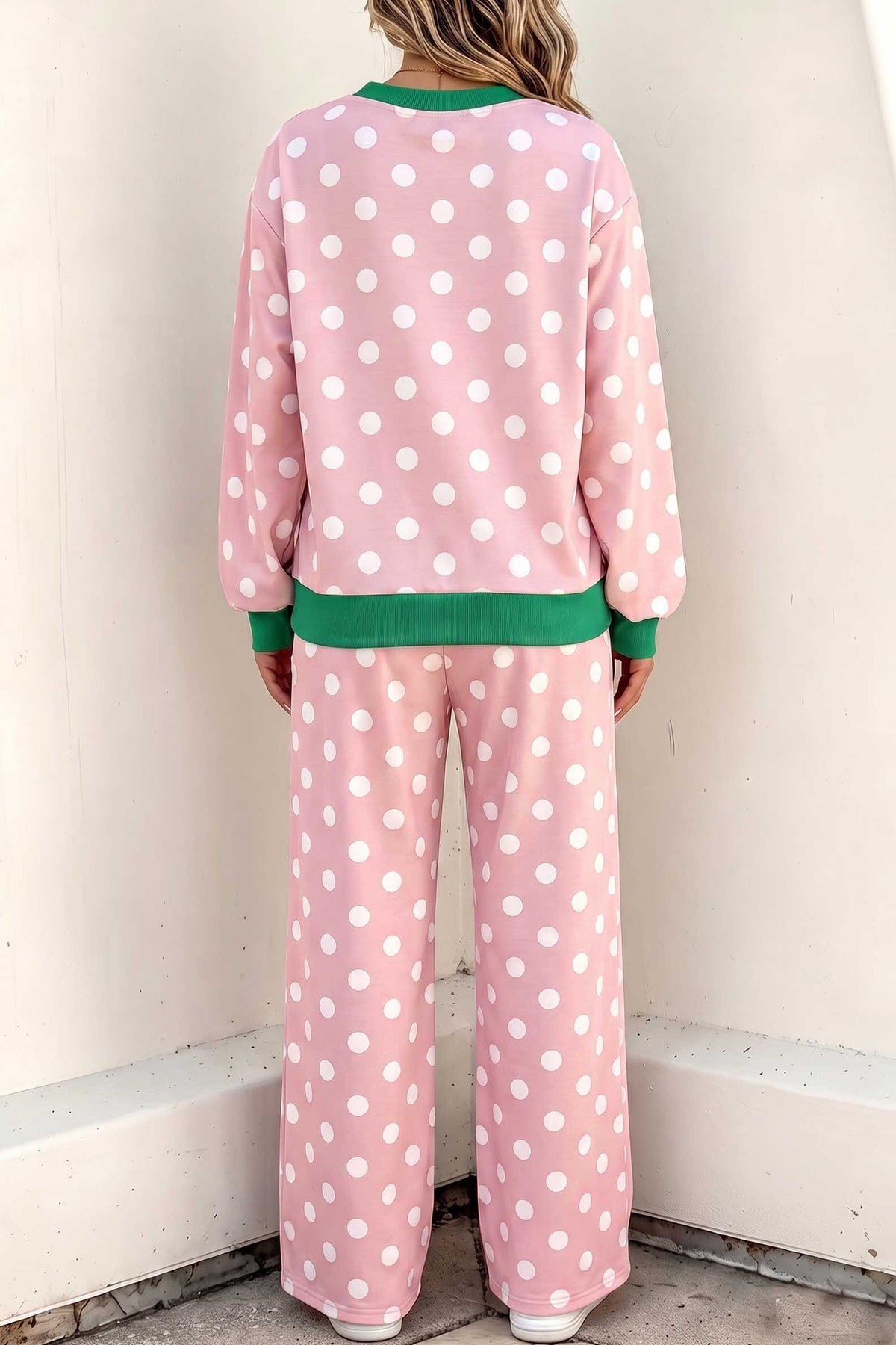 Polka Dot Long Sleeve Top and Drawstring Pants Set