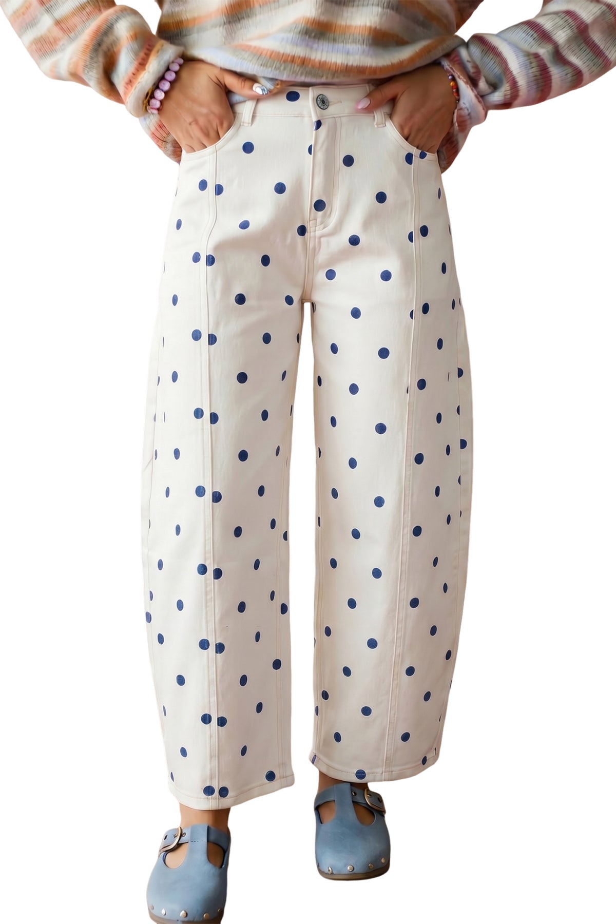 Brown Tailored Seam Polka Dot Print Barrel Casual Jeans