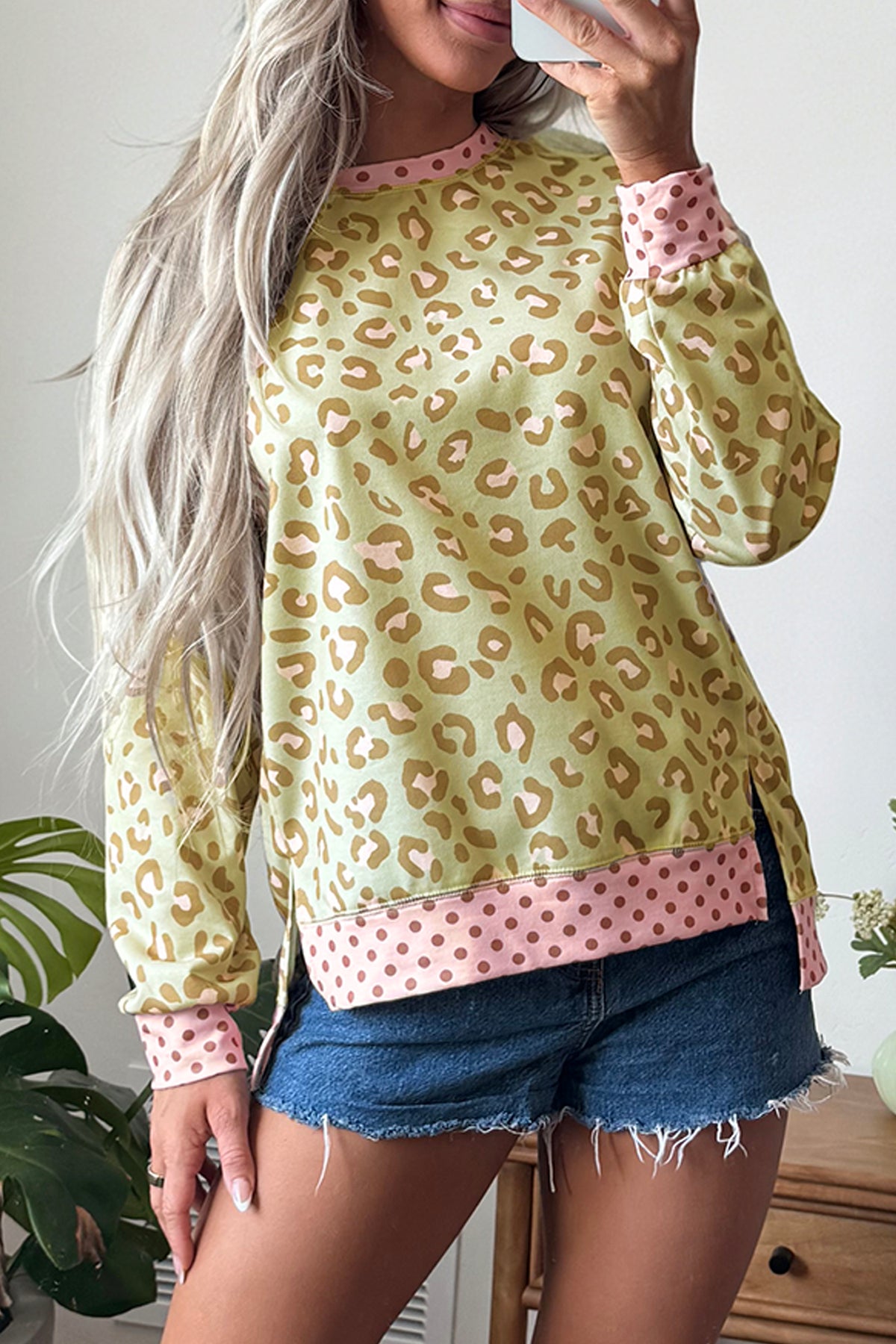 Leopard Print Contrast Trim Long Sleeve Top