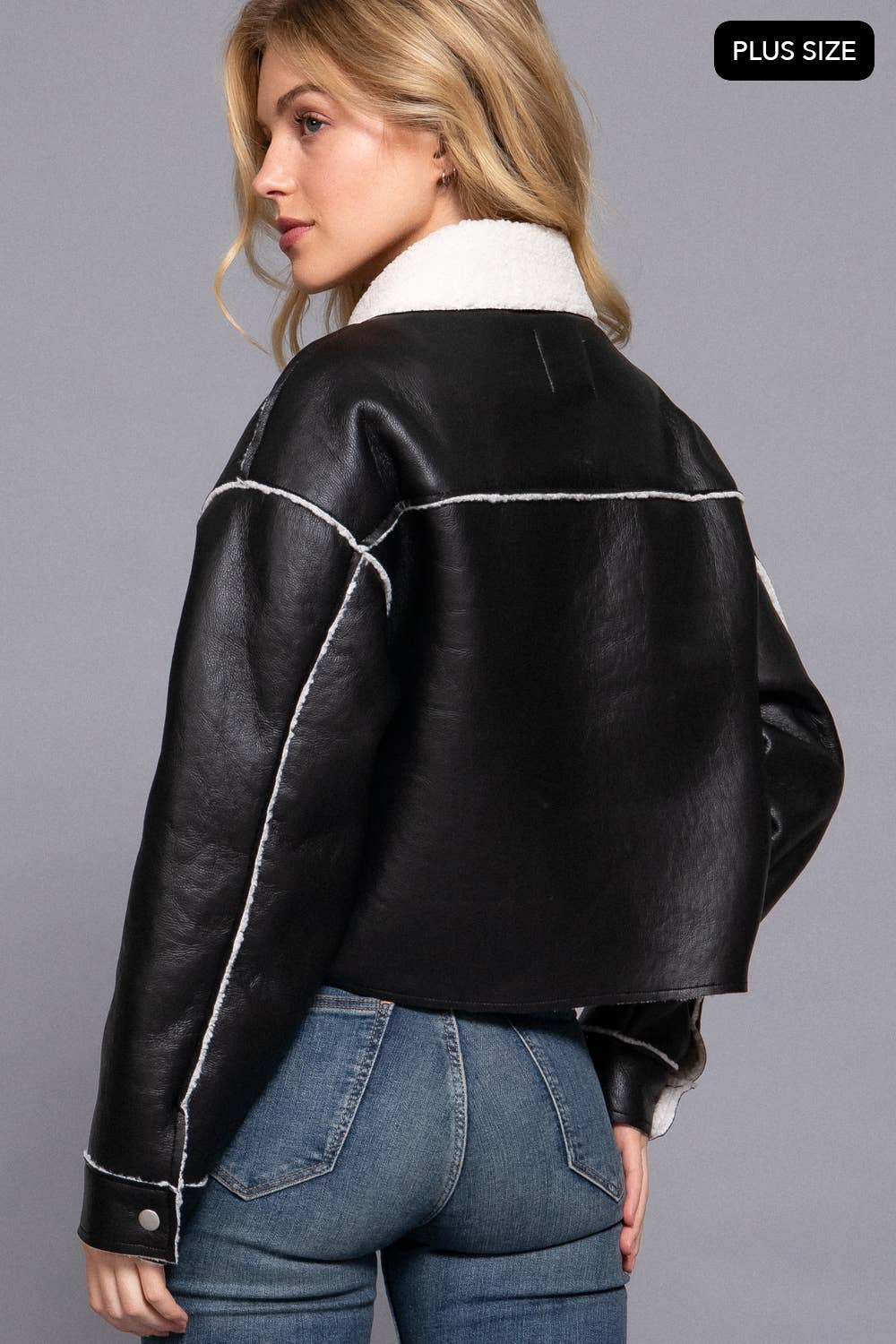 [PLUS SIZE] Long Sleeve Faux Leather Inner Fur Jacket