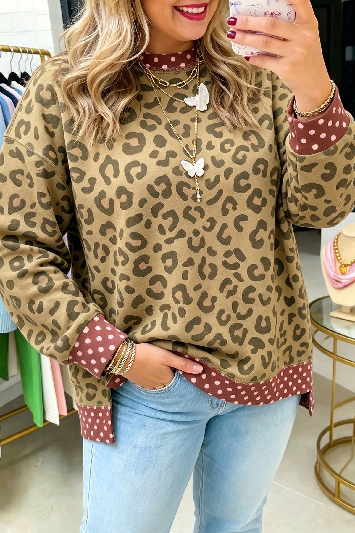 Leopard Print Contrast Trim Long Sleeve Top-Plus Size