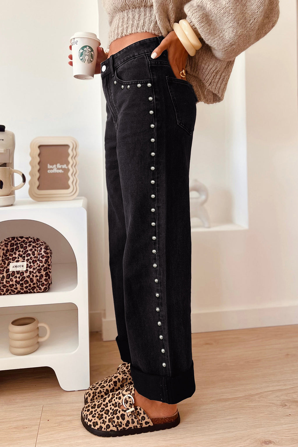 Studded Detail Loose Leg Jeans