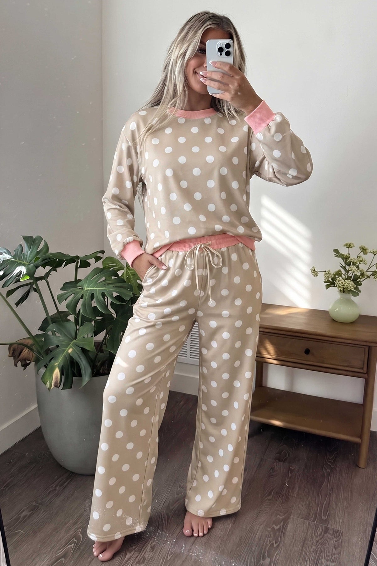 Polka Dot Long Sleeve Top and Drawstring Pants Set