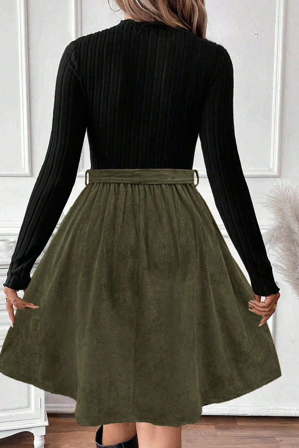 Ribbed Knit Flared Belted Dress
