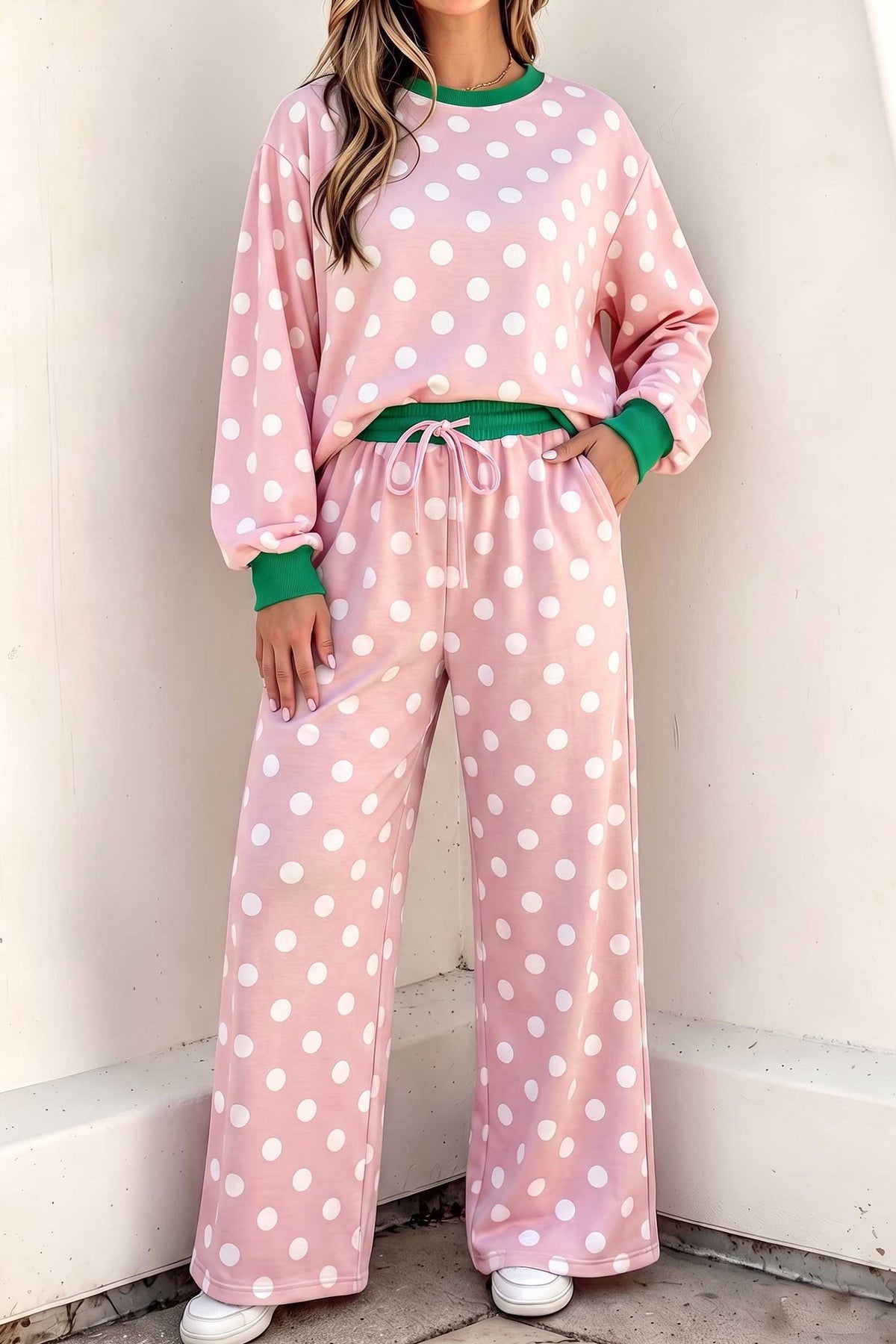 Polka Dot Long Sleeve Top and Drawstring Pants Set