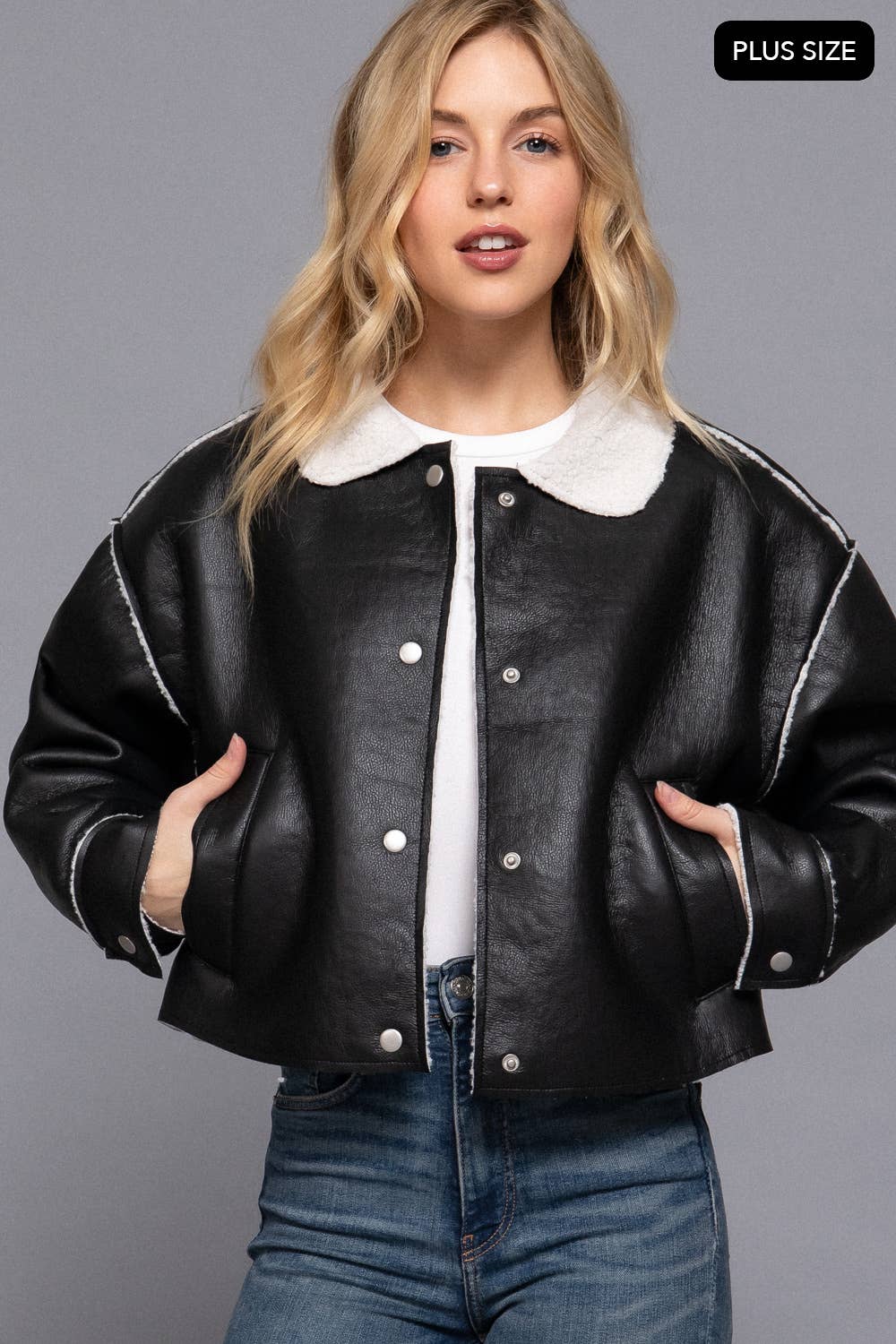 [PLUS SIZE] Long Sleeve Faux Leather Inner Fur Jacket