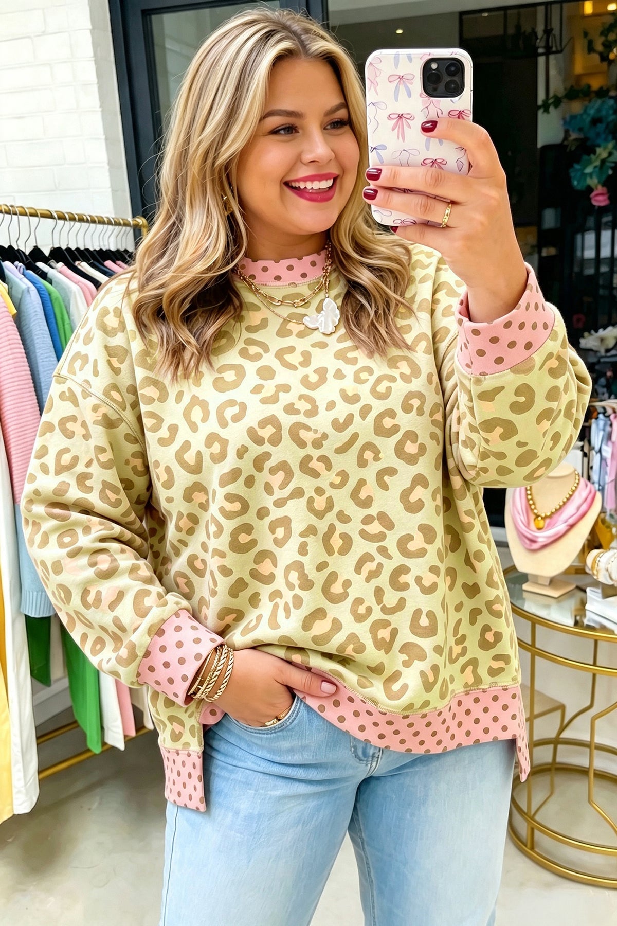 Leopard Print Contrast Trim Long Sleeve Top-Plus Size