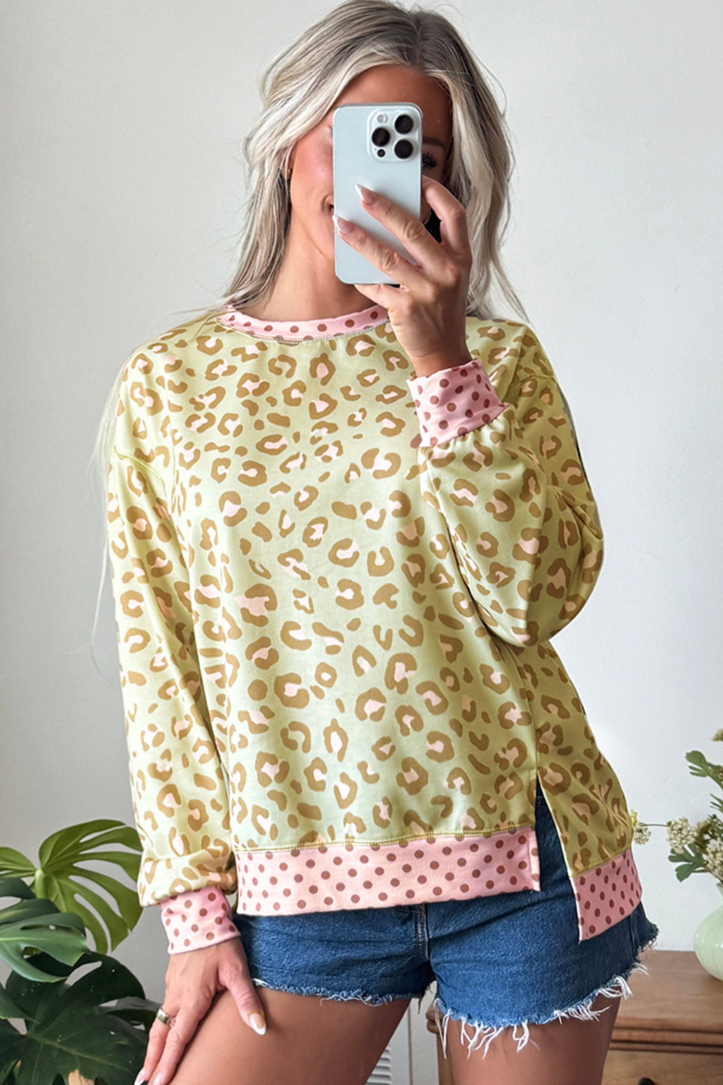 Leopard Print Contrast Trim Long Sleeve Top