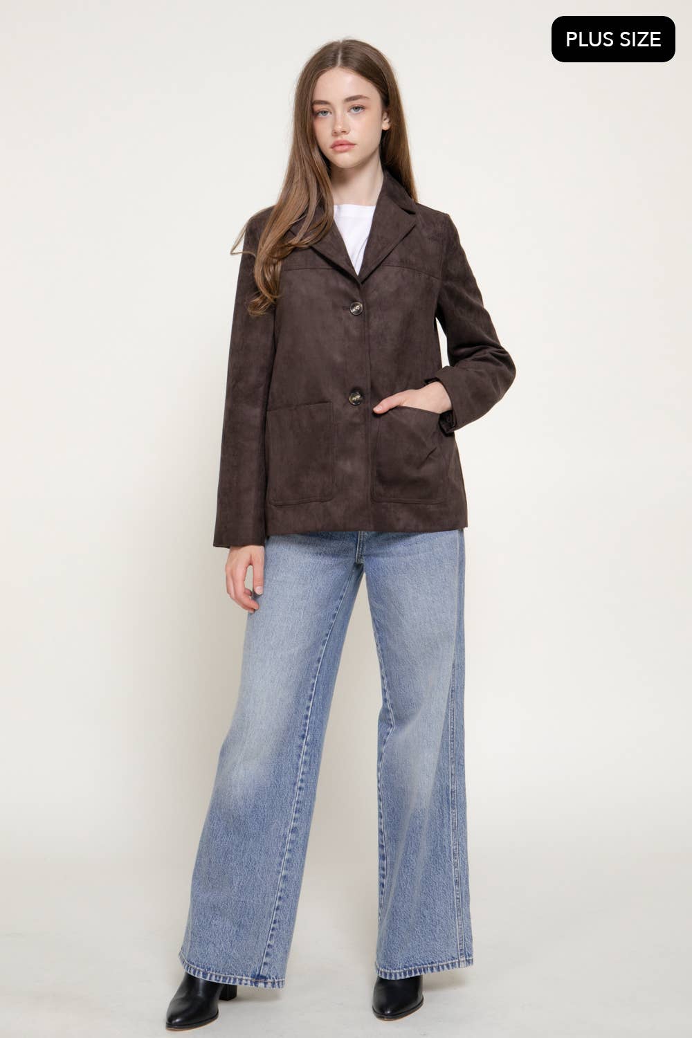 [PLUS SIZE] Long Sleeve Notched Collar Suede Jacket