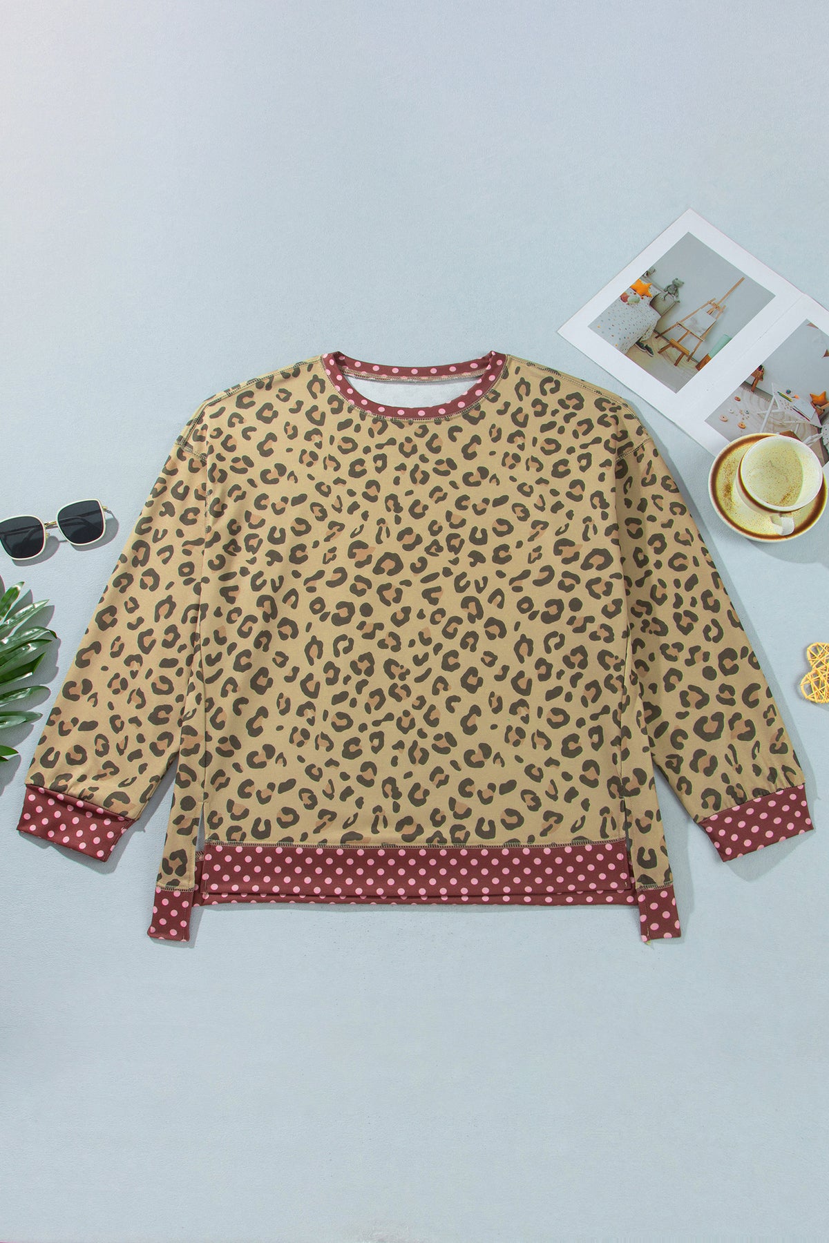 Leopard Print Contrast Trim Long Sleeve Top-Plus Size
