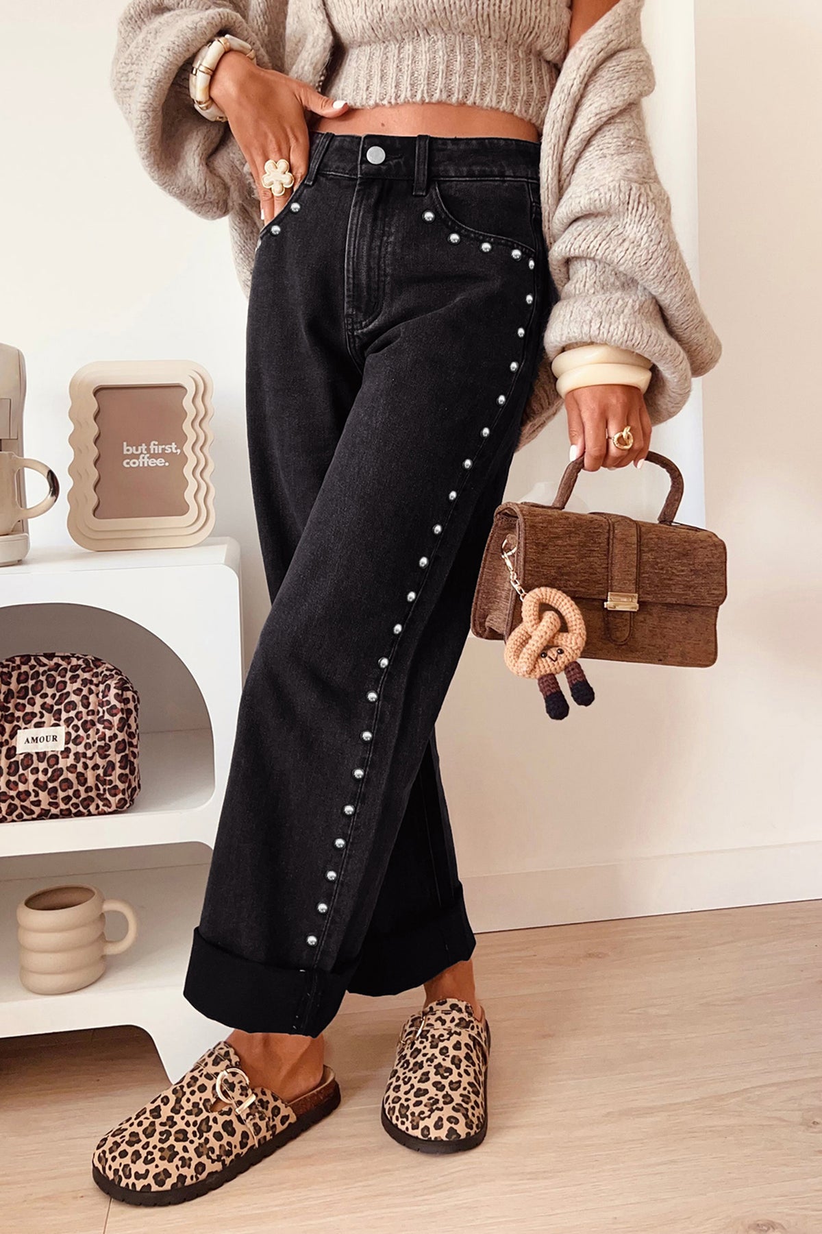 Studded Detail Loose Leg Jeans