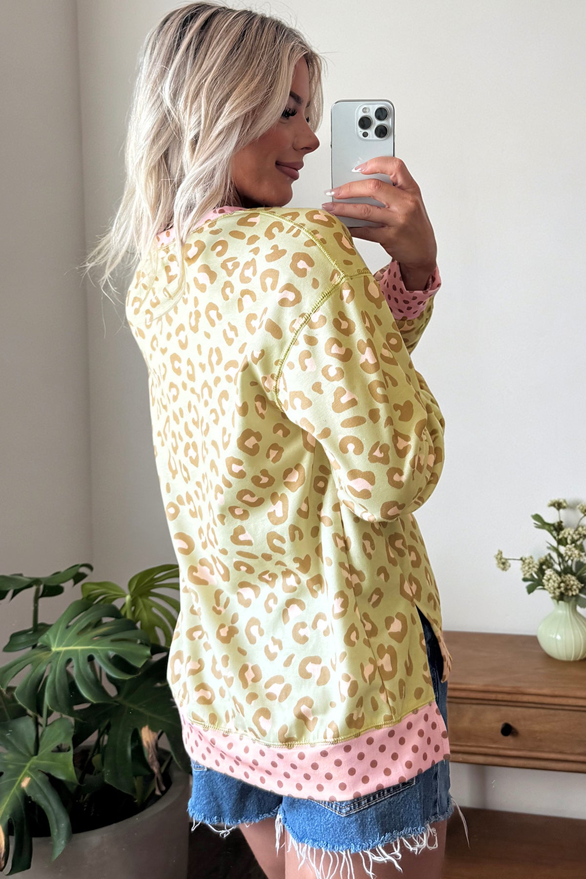 Leopard Print Contrast Trim Long Sleeve Top
