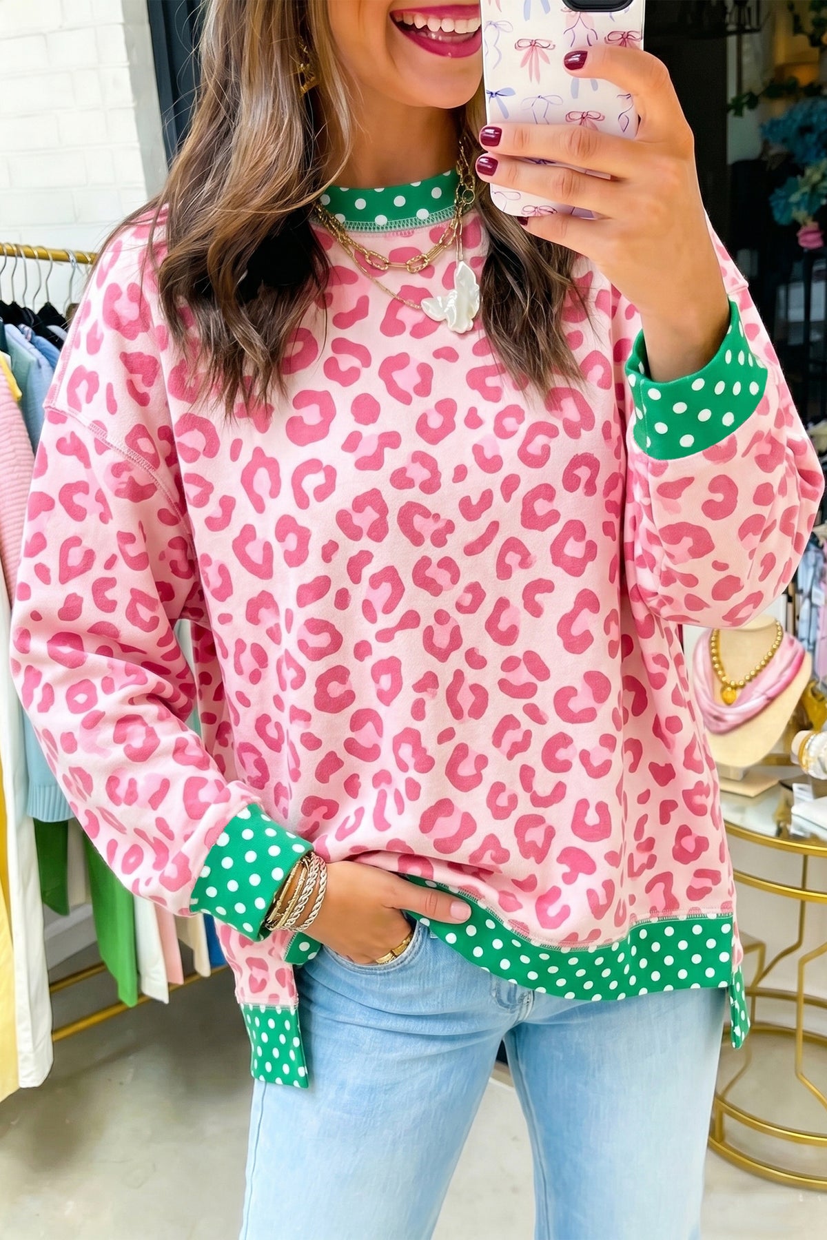 Leopard Print Contrast Trim Long Sleeve Top
