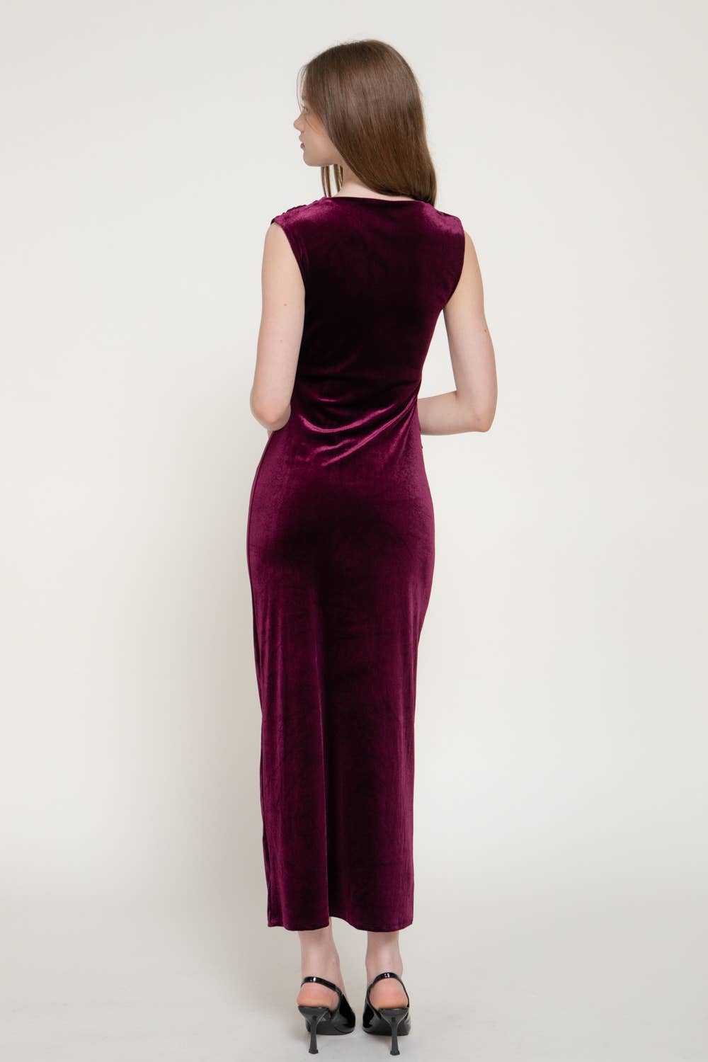 Sleeveless Crew Neck Ruched Velvet Dress