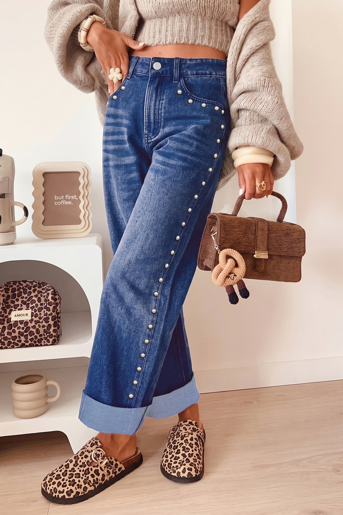 Studded Detail Loose Leg Jeans