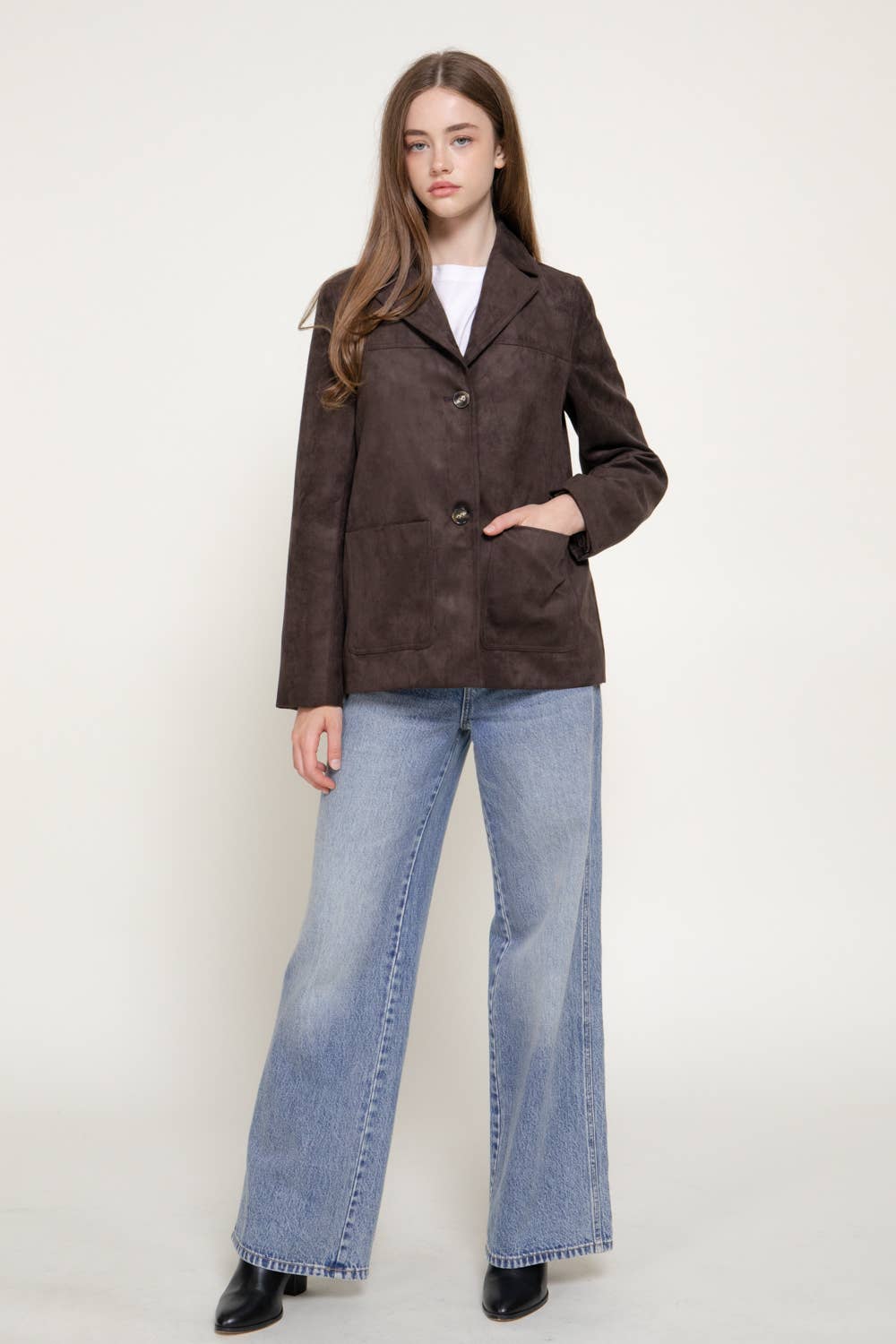 Long Sleeve Notched Collar Suede Jacket