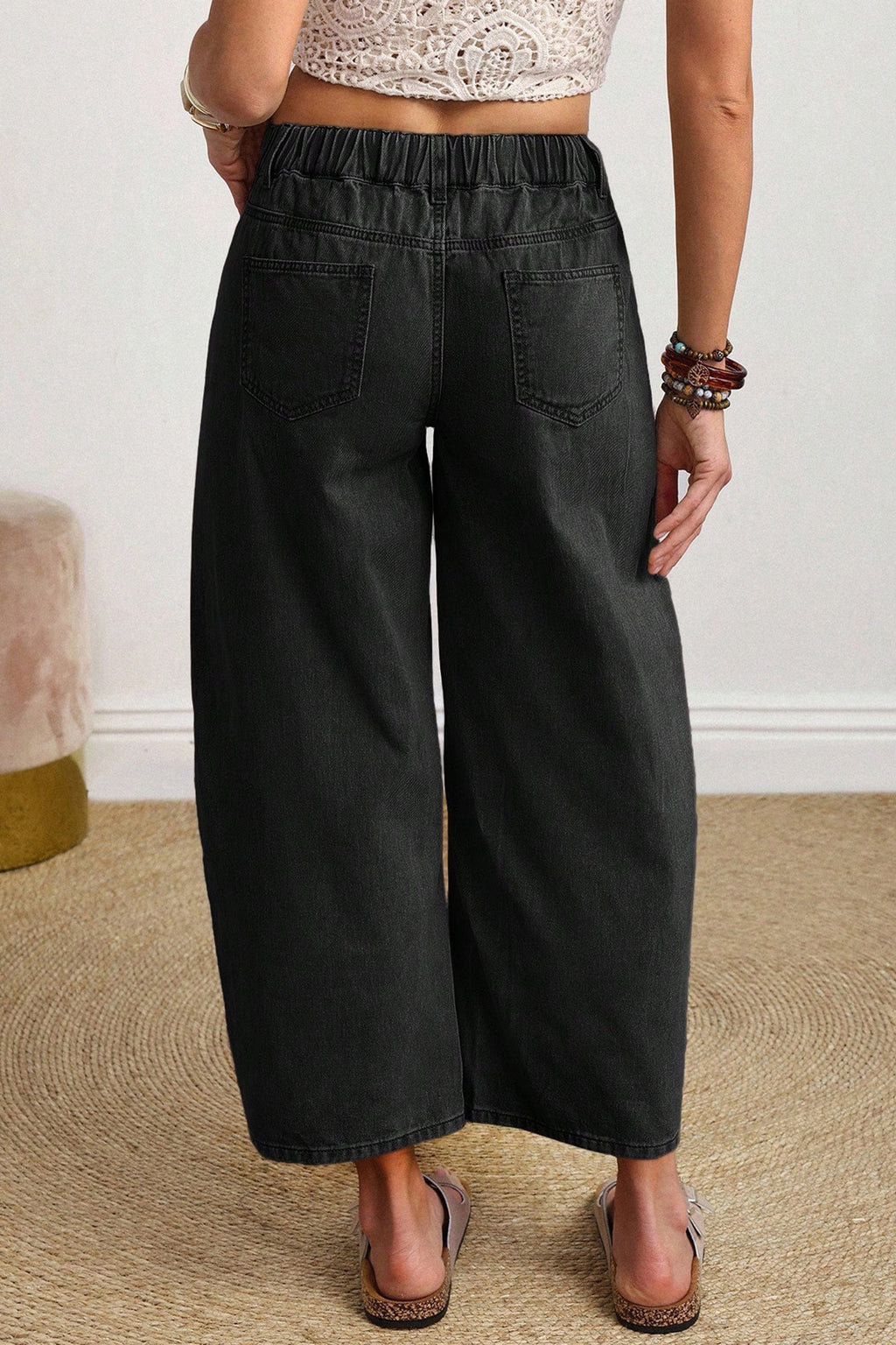 Four Leaf Clover Solid Color Square Patch Pocket Ankle-length Barrel Jeans