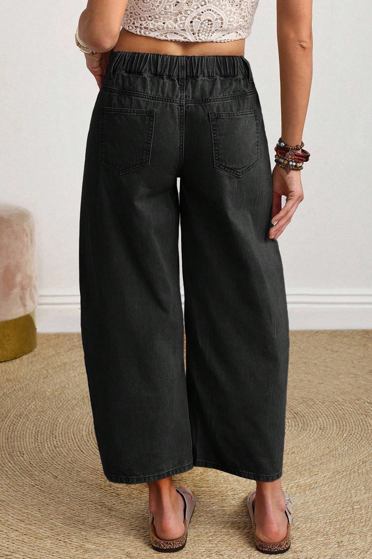 Four Leaf Clover Solid Color Square Patch Pocket Ankle-length Barrel Jeans