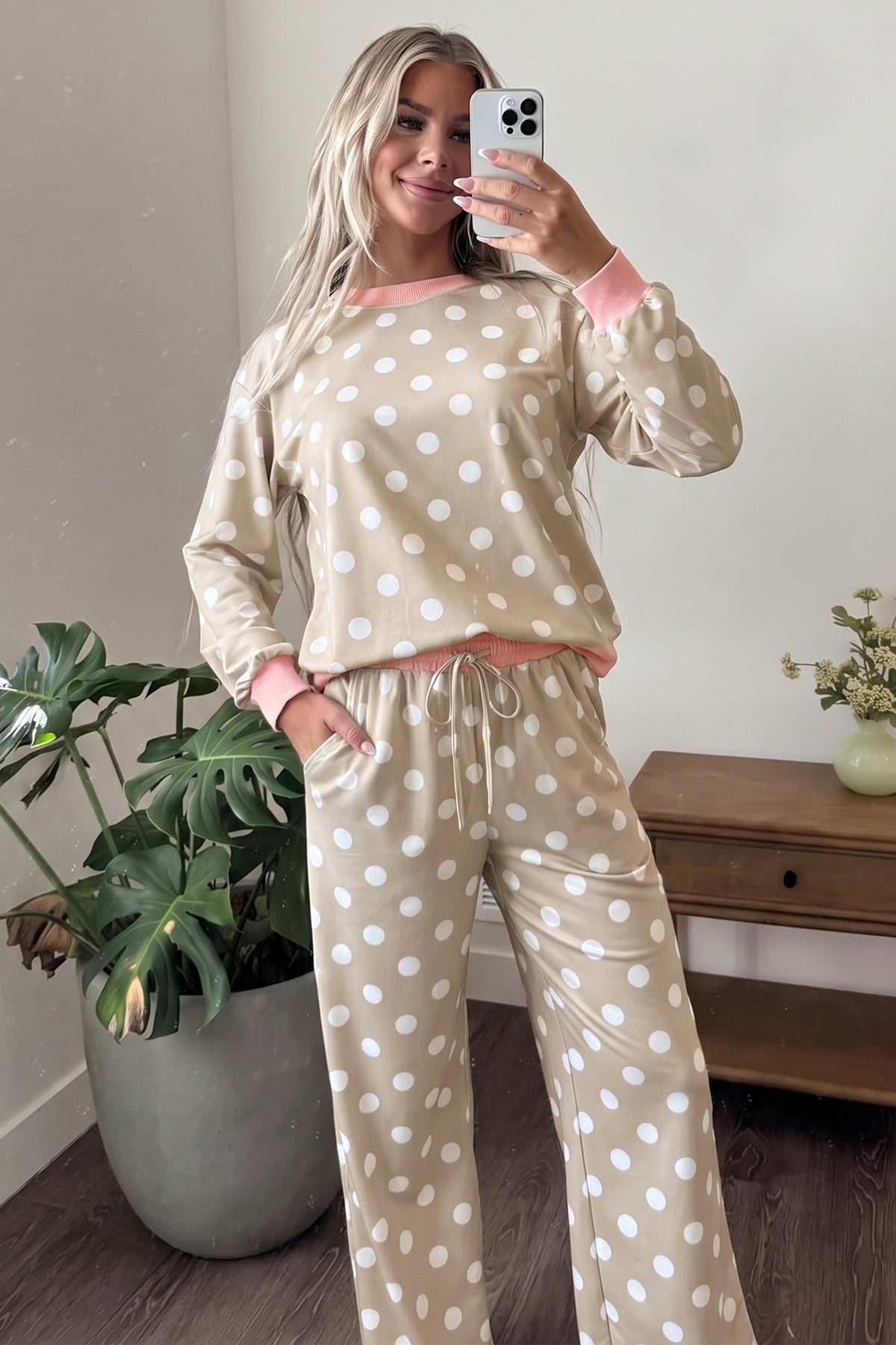 Polka Dot Long Sleeve Top and Drawstring Pants Set