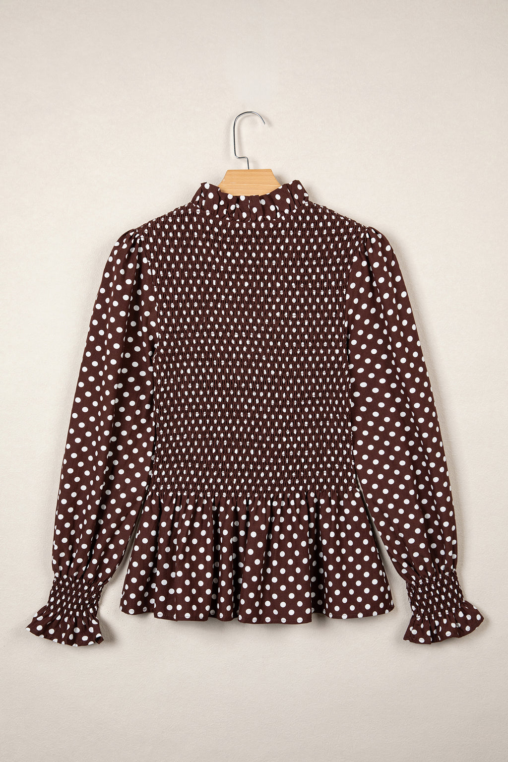 Polka Dot Ruffled High Neck Blouse