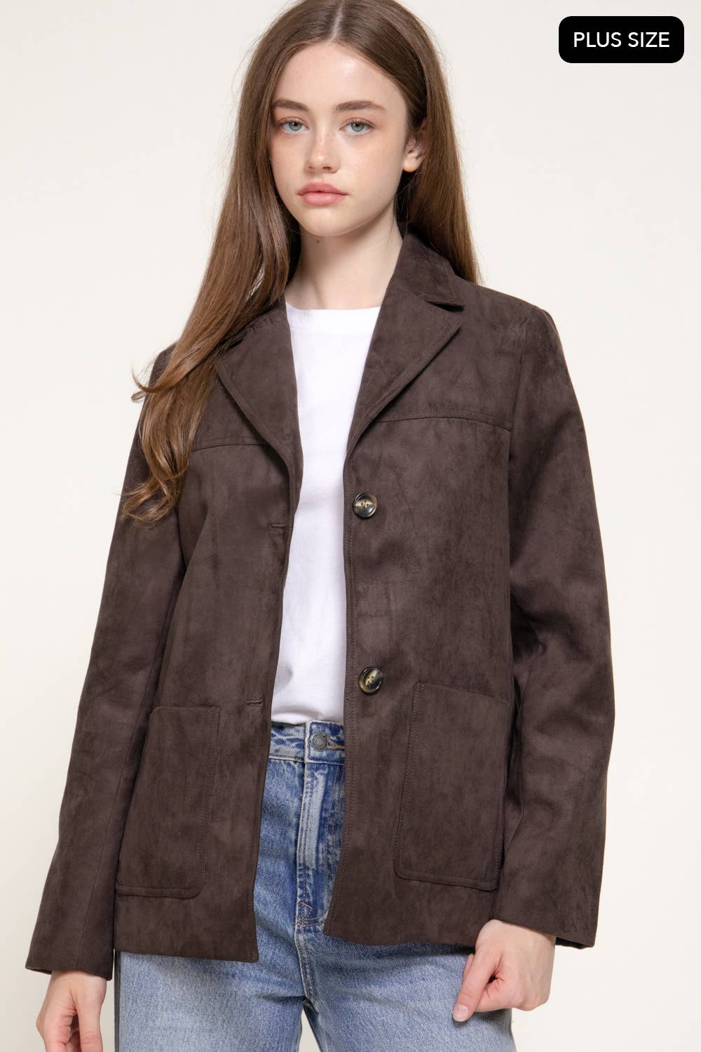 [PLUS SIZE] Long Sleeve Notched Collar Suede Jacket
