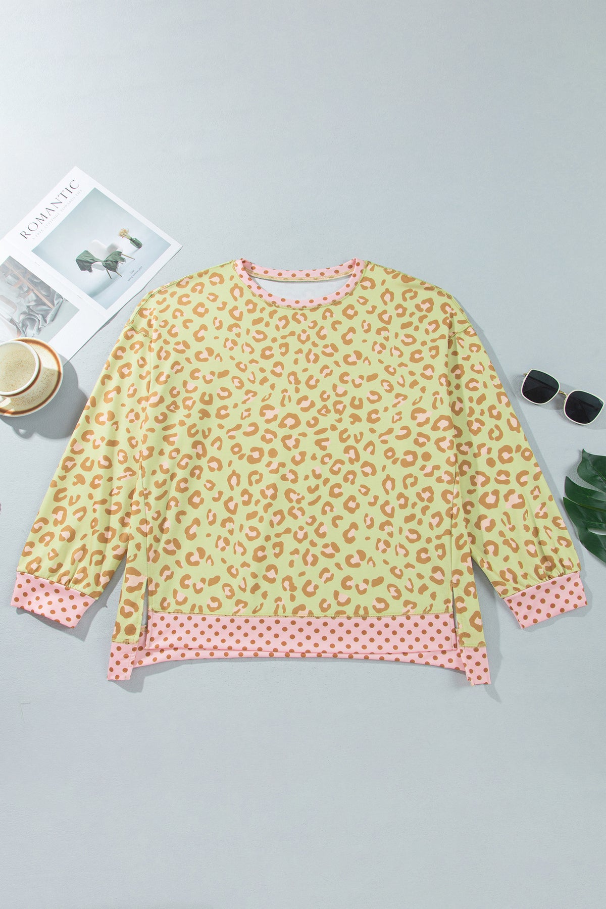 Leopard Print Contrast Trim Long Sleeve Top-Plus Size