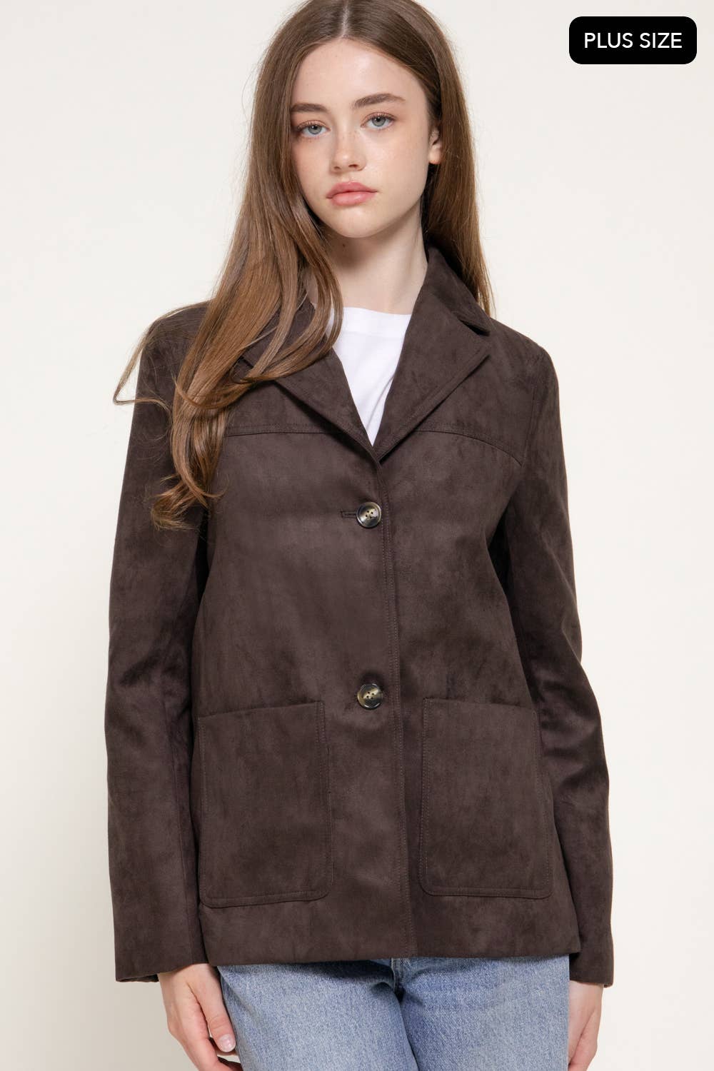 [PLUS SIZE] Long Sleeve Notched Collar Suede Jacket
