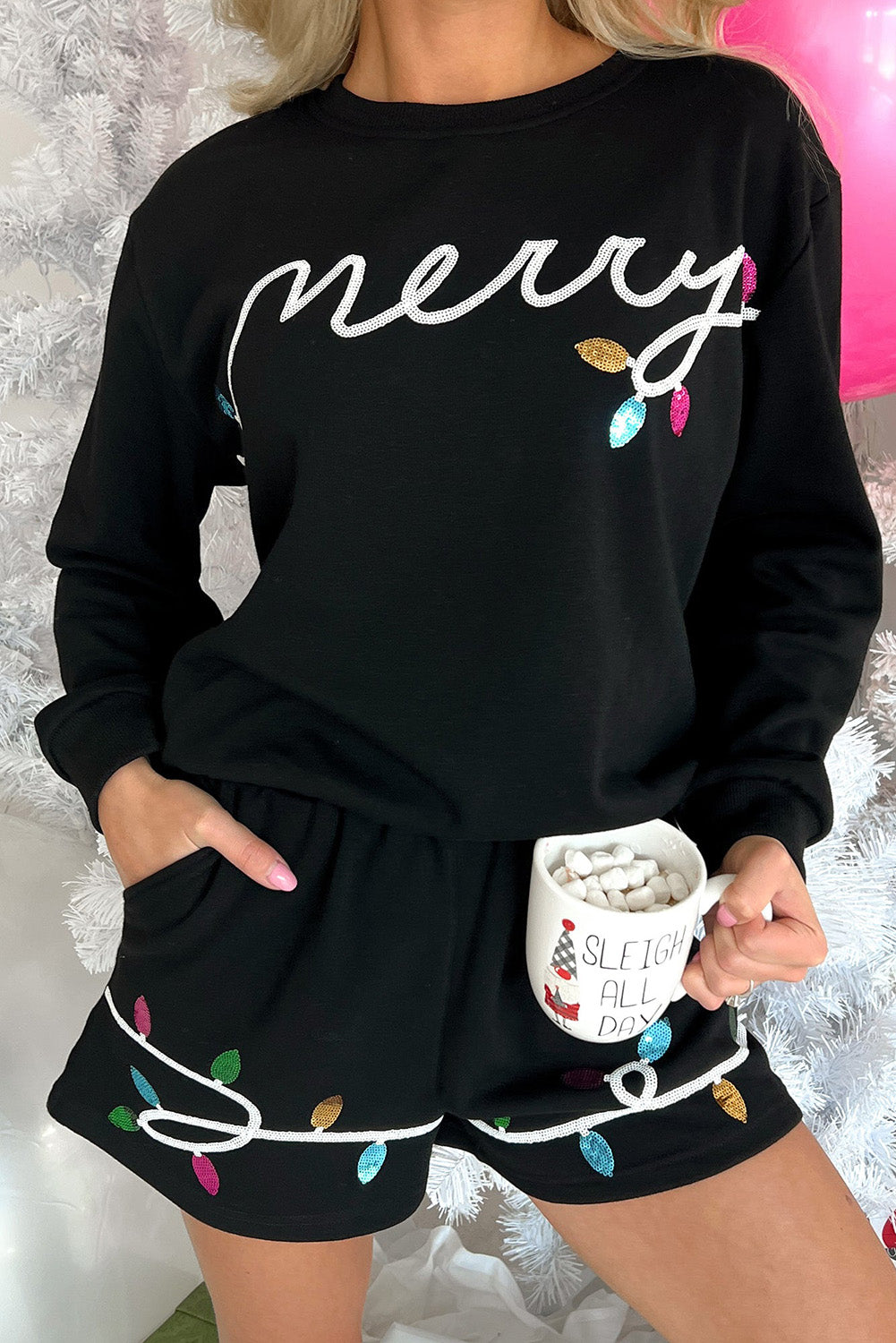 Festive Sequin Merry Pullover and Shorts Set