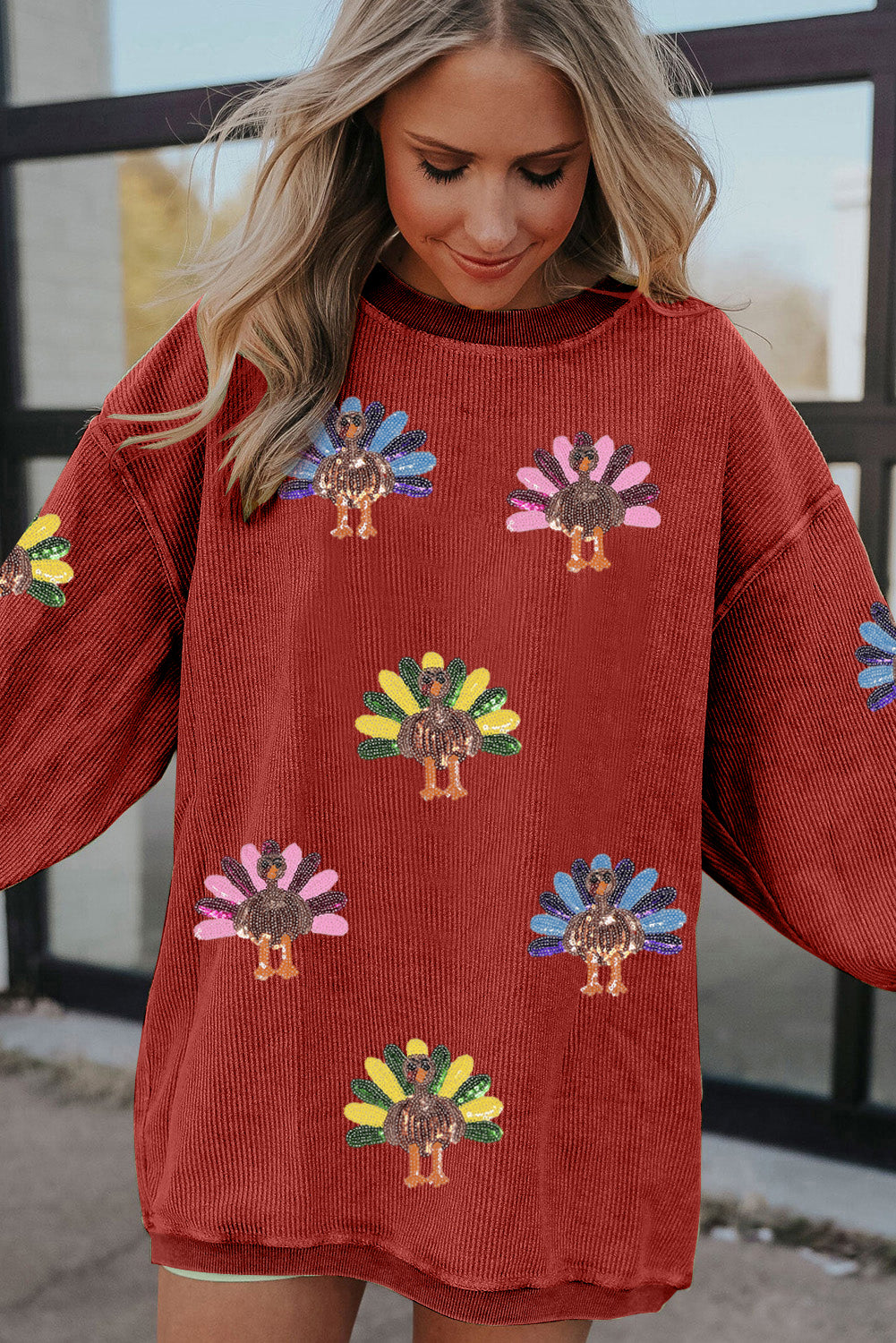 Festive Turkey Corded Baggy Sweatshirt