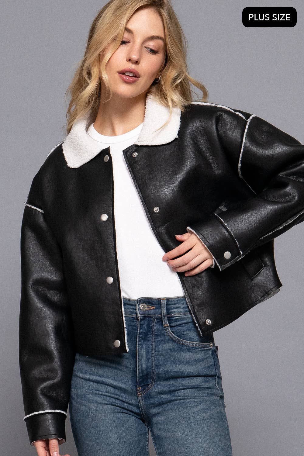[PLUS SIZE] Long Sleeve Faux Leather Inner Fur Jacket