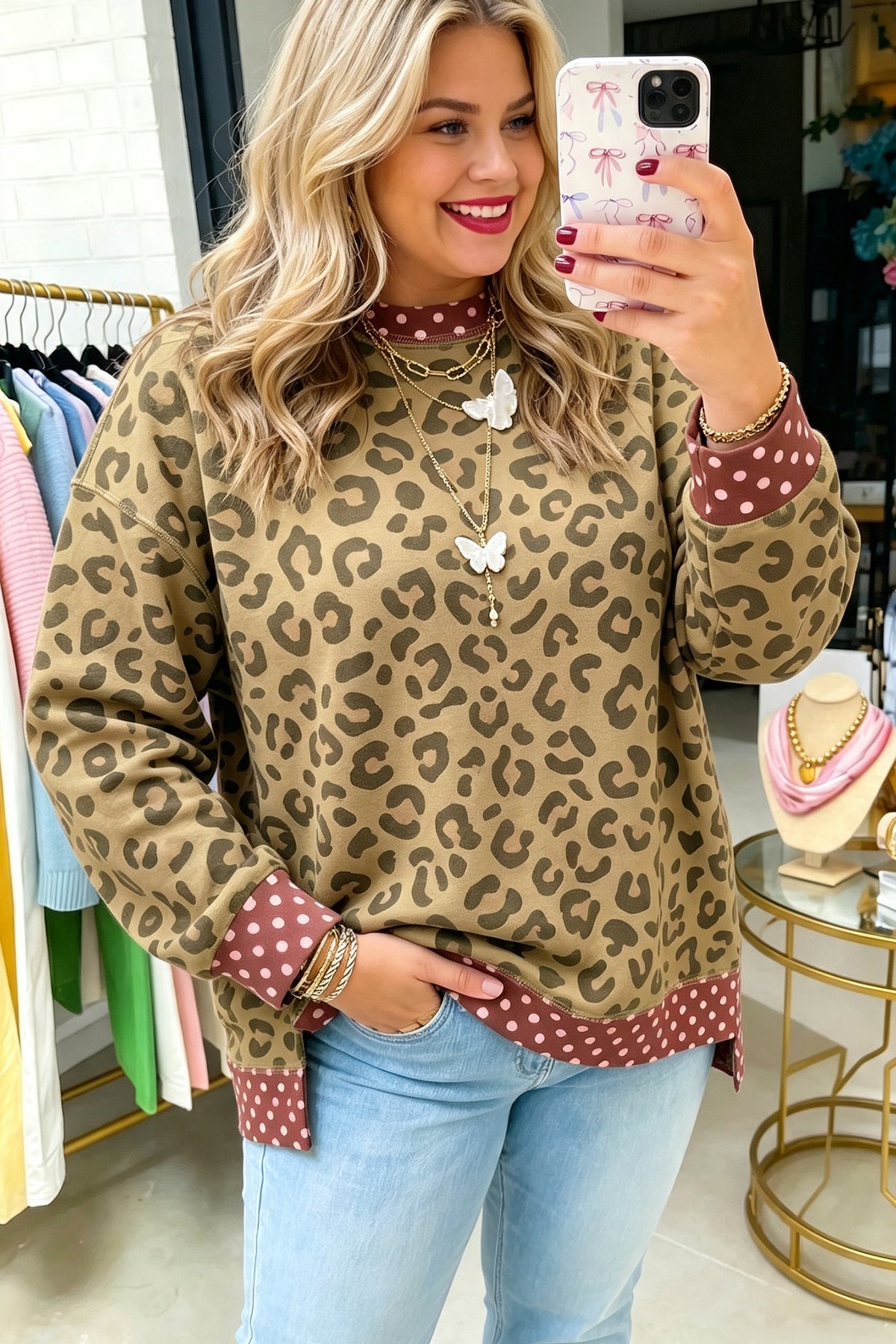 Leopard Print Contrast Trim Long Sleeve Top-Plus Size
