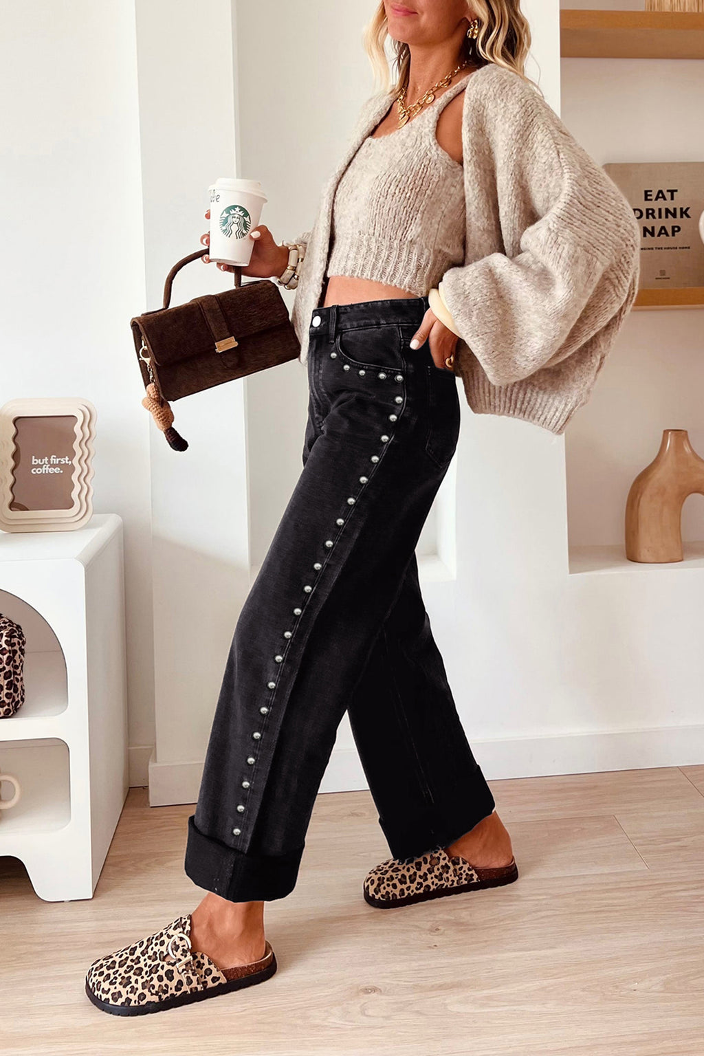 Studded Detail Loose Leg Jeans