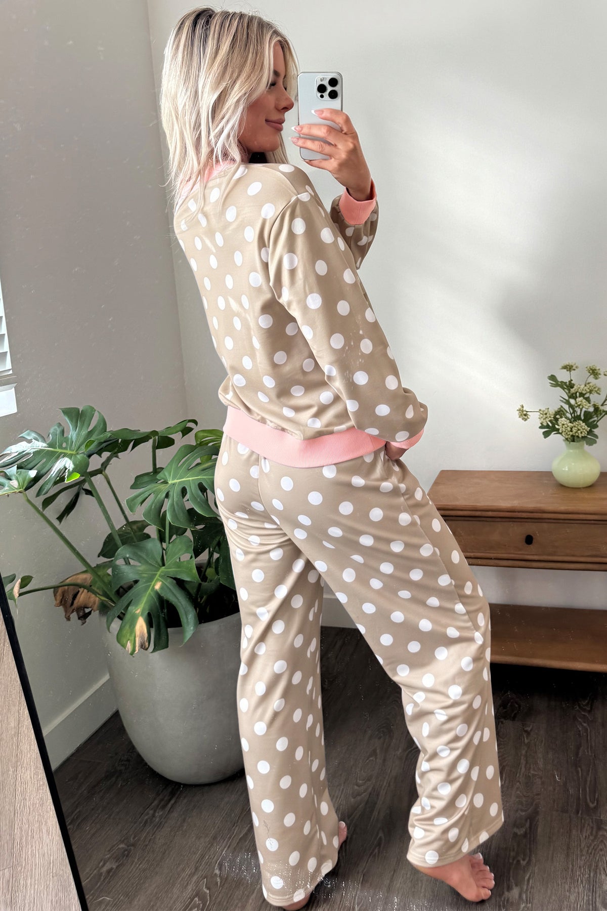 Polka Dot Long Sleeve Top and Drawstring Pants Set