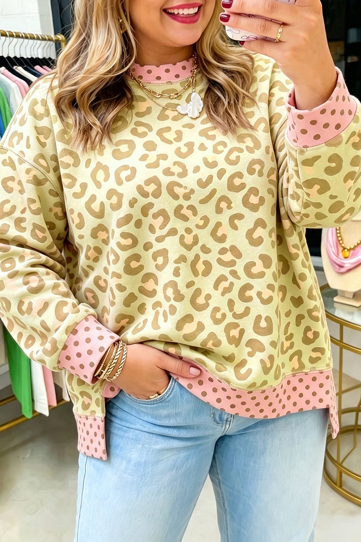 Leopard Print Contrast Trim Long Sleeve Top-Plus Size