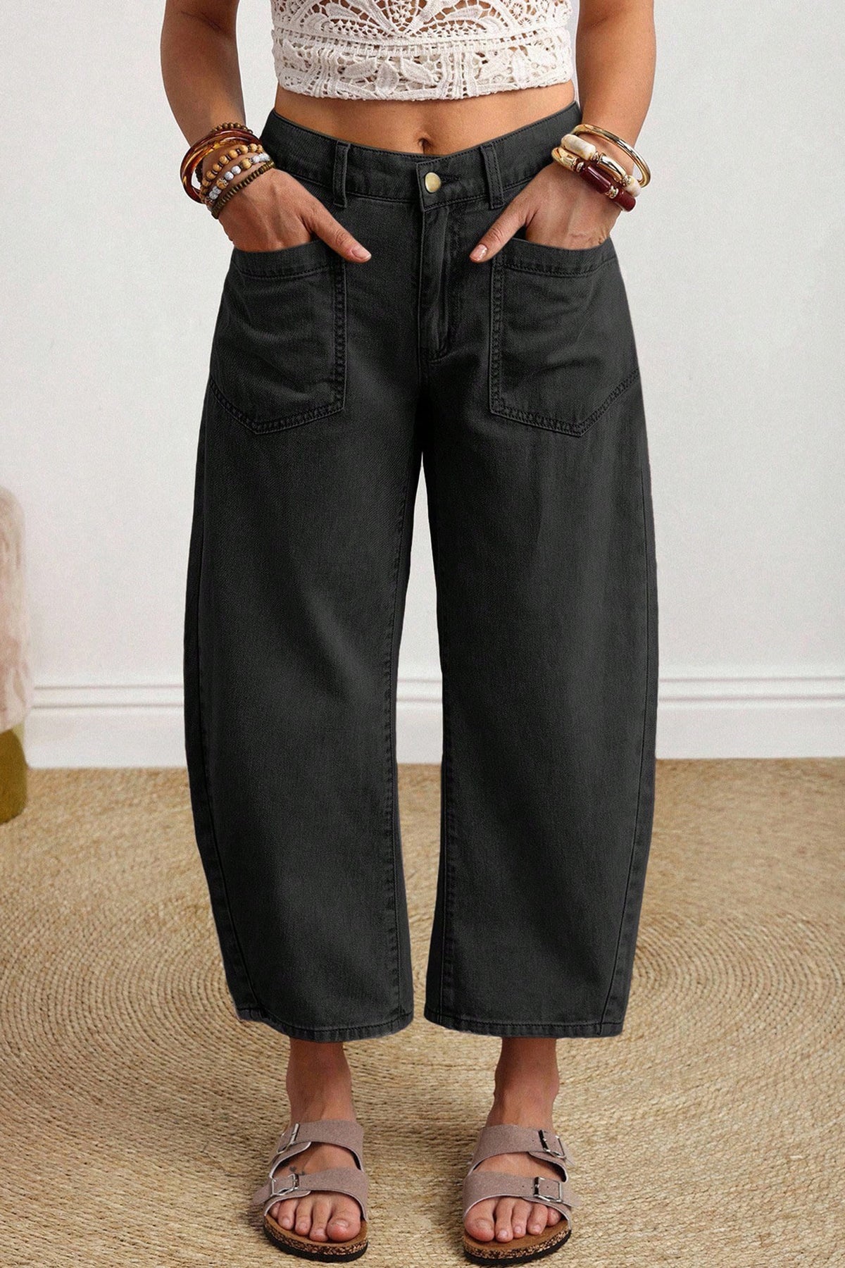 Four Leaf Clover Solid Color Square Patch Pocket Ankle-length Barrel Jeans