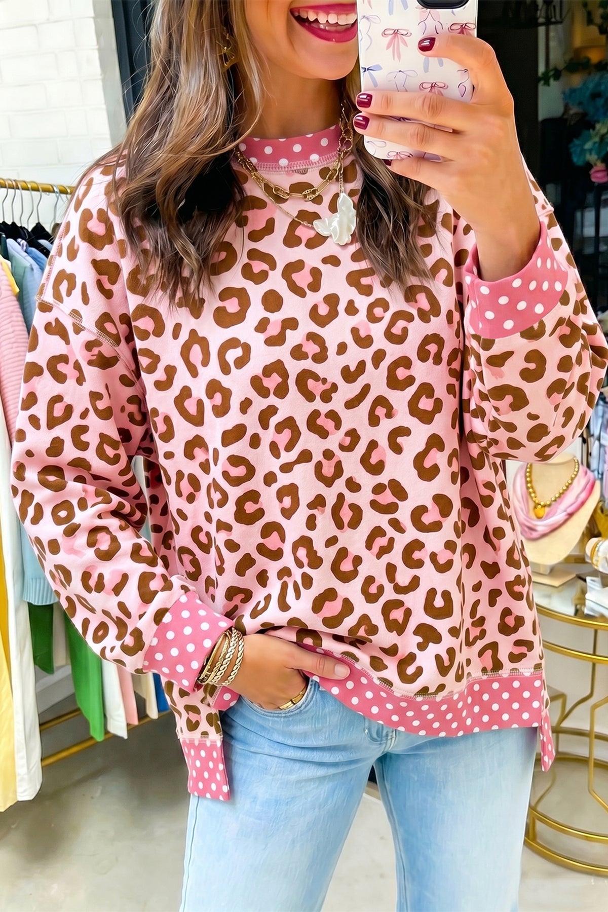 Leopard Print Contrast Trim Long Sleeve Top