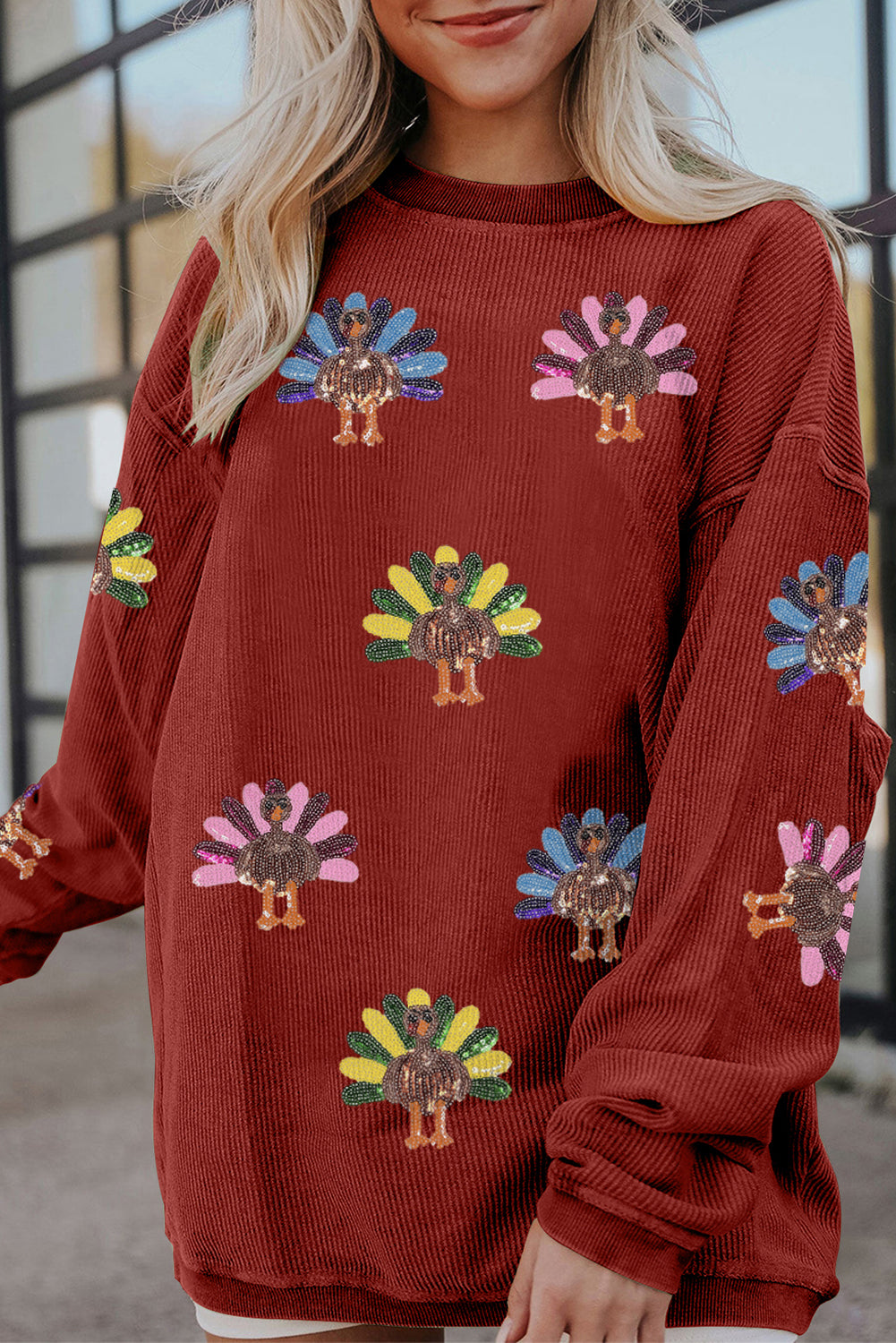 Festive Turkey Corded Baggy Sweatshirt