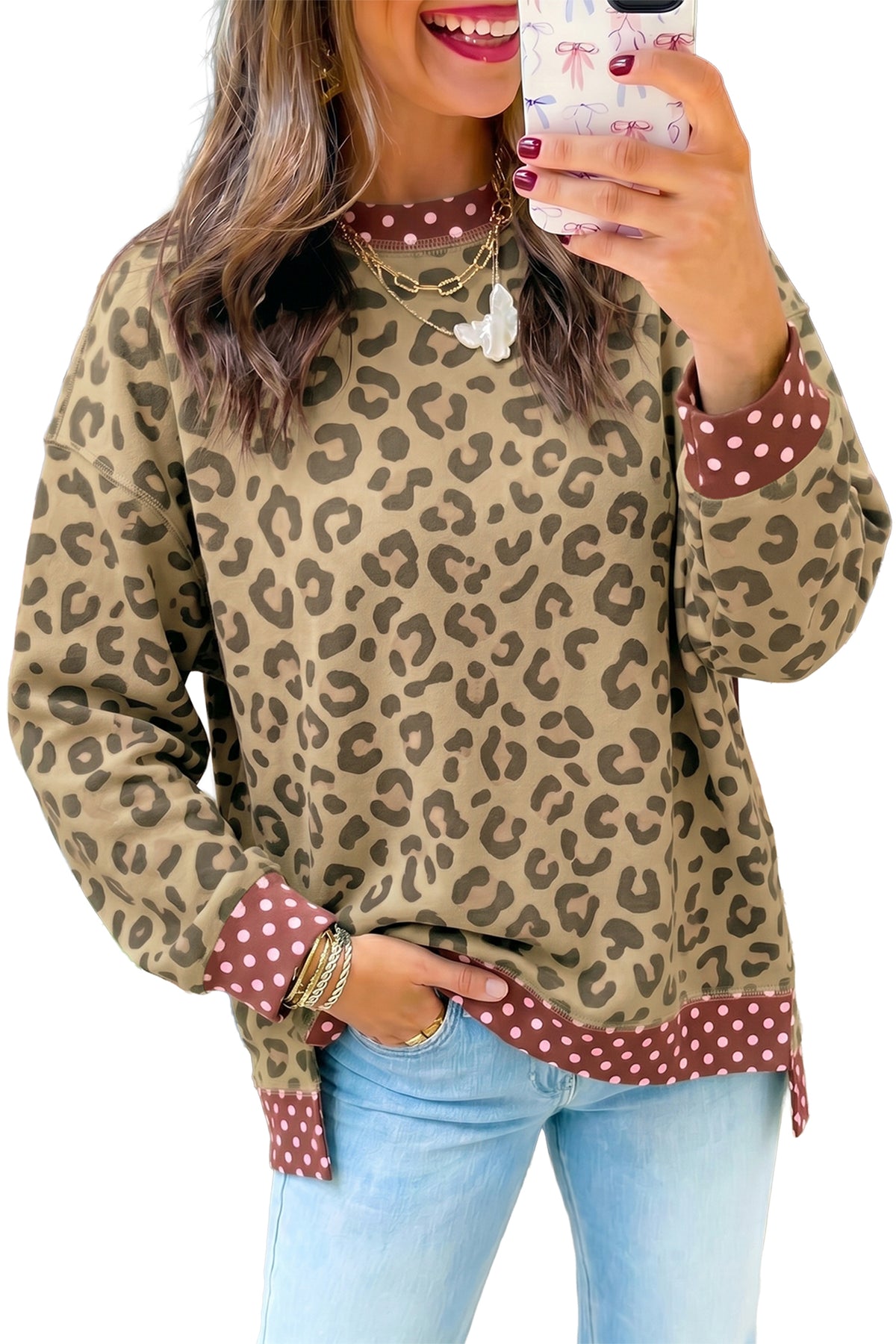 Leopard Print Contrast Trim Long Sleeve Top