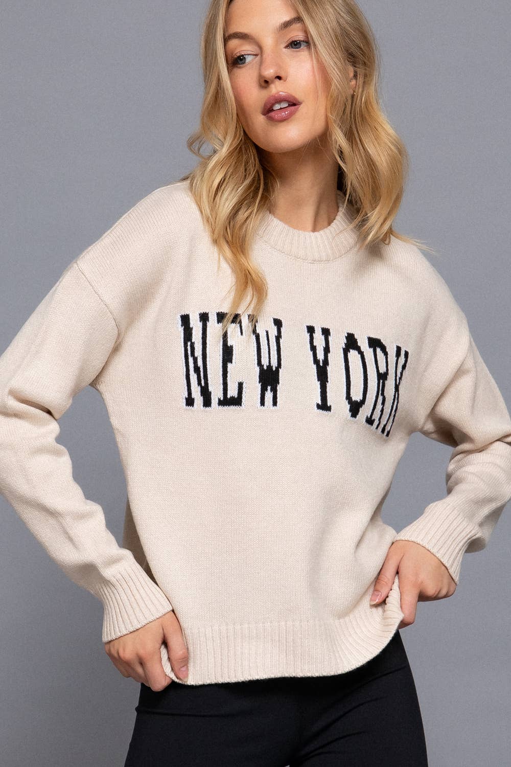 Long Sleeve Crew Neck "NEW YORK" Lettering Sweater Top