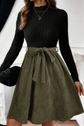 Ribbed Knit Flared Belted Dress