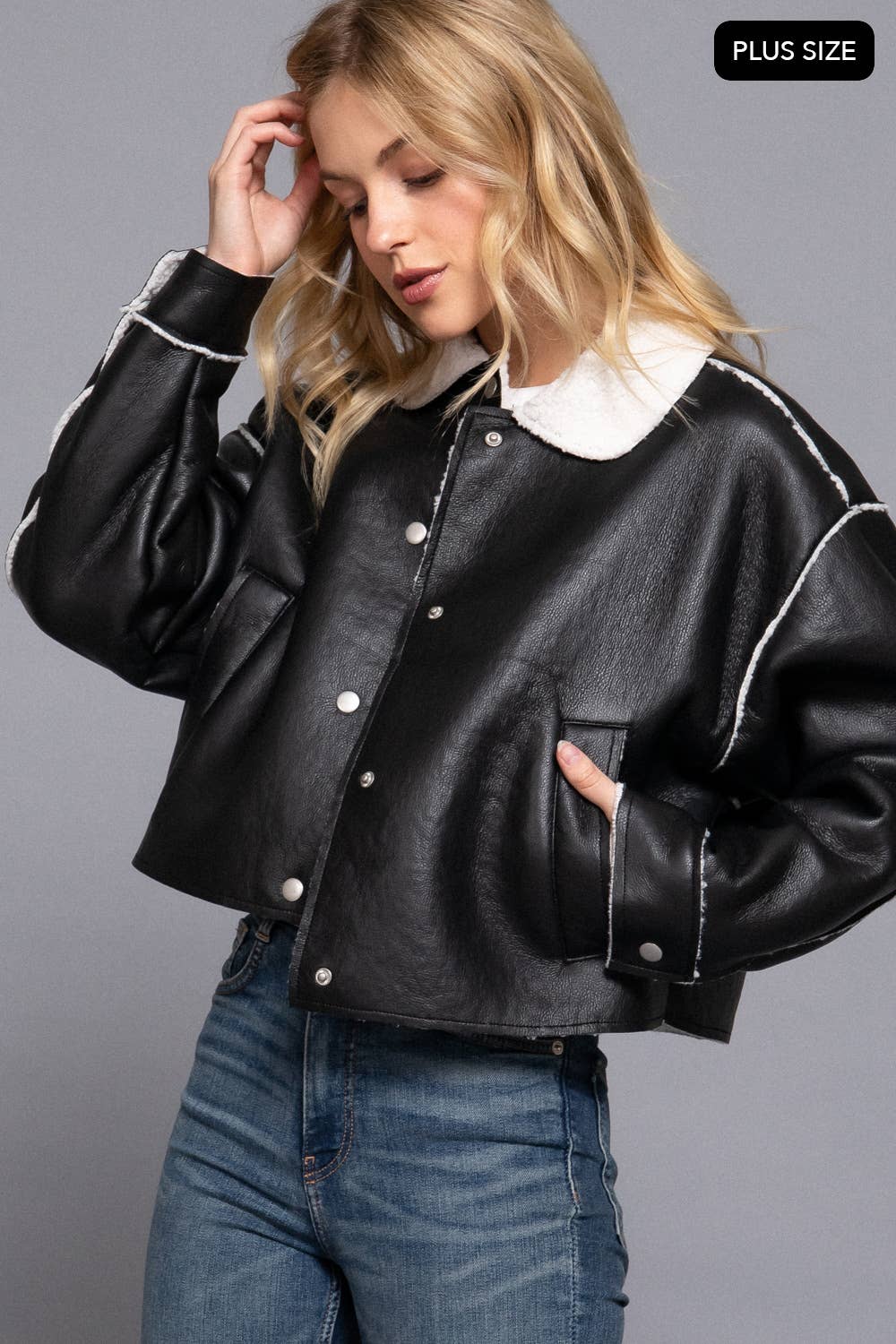 [PLUS SIZE] Long Sleeve Faux Leather Inner Fur Jacket