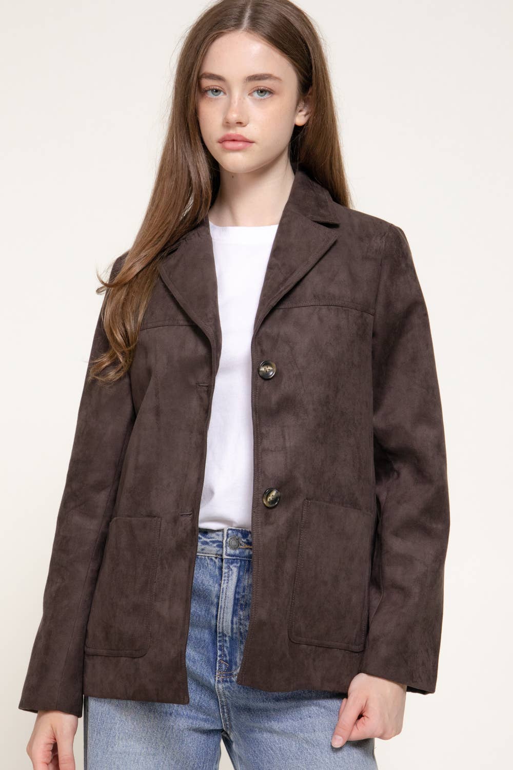 Long Sleeve Notched Collar Suede Jacket