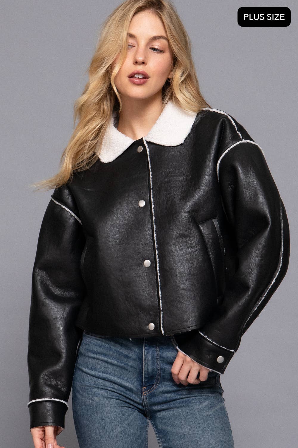 [PLUS SIZE] Long Sleeve Faux Leather Inner Fur Jacket