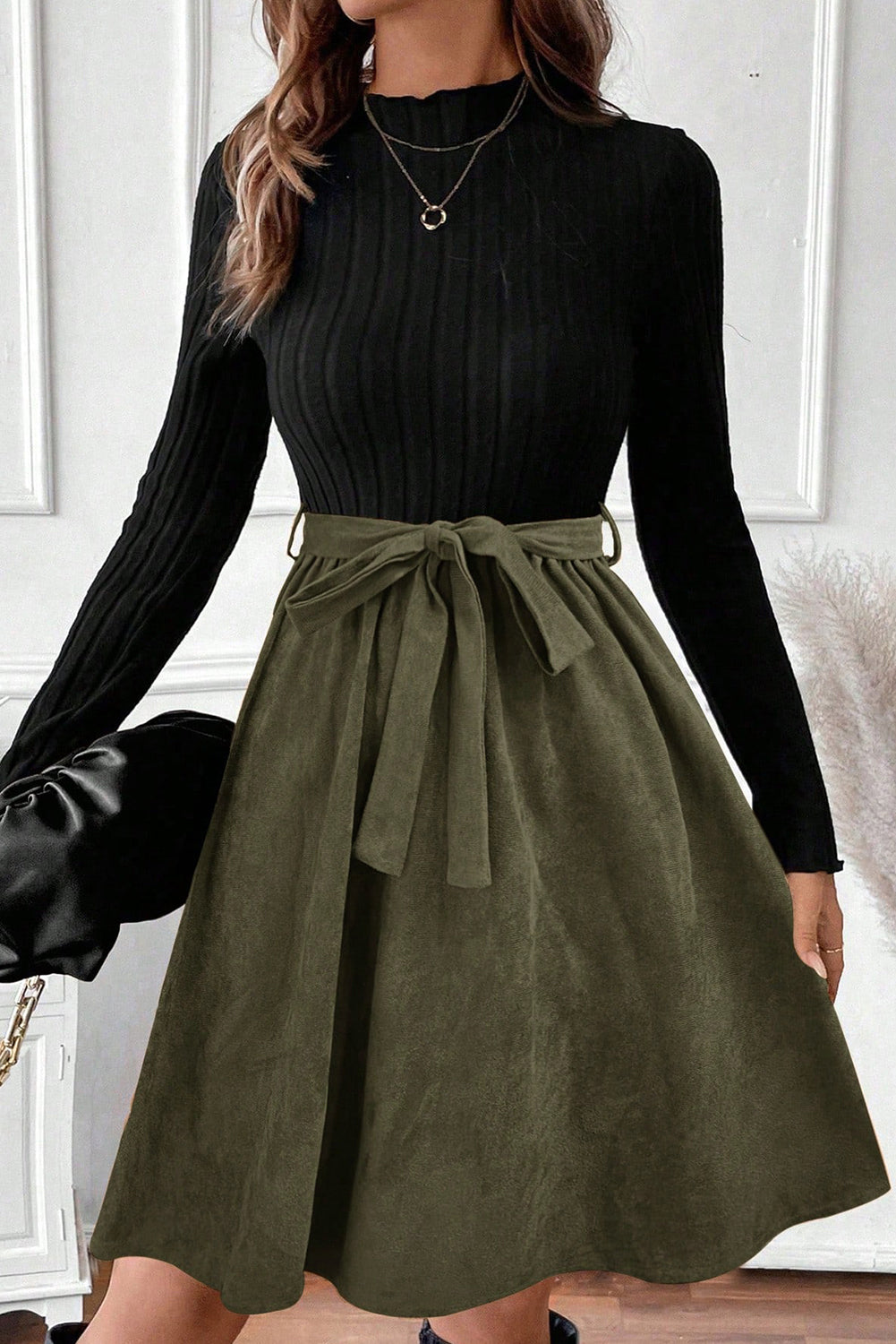 Ribbed Knit Flared Belted Dress