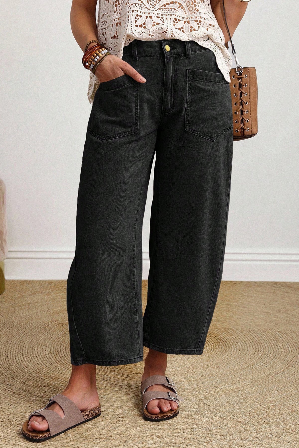 Four Leaf Clover Solid Color Square Patch Pocket Ankle-length Barrel Jeans
