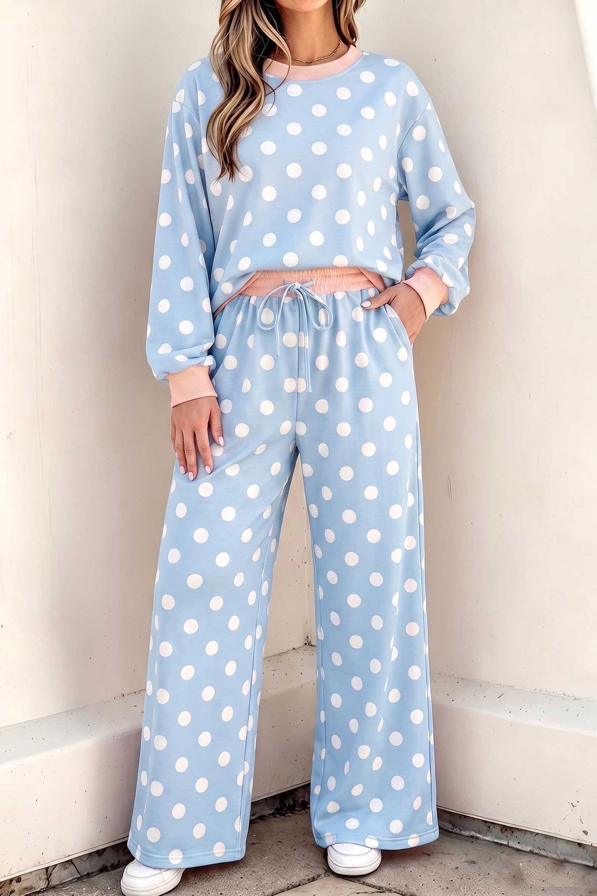 Polka Dot Long Sleeve Top and Drawstring Pants Set